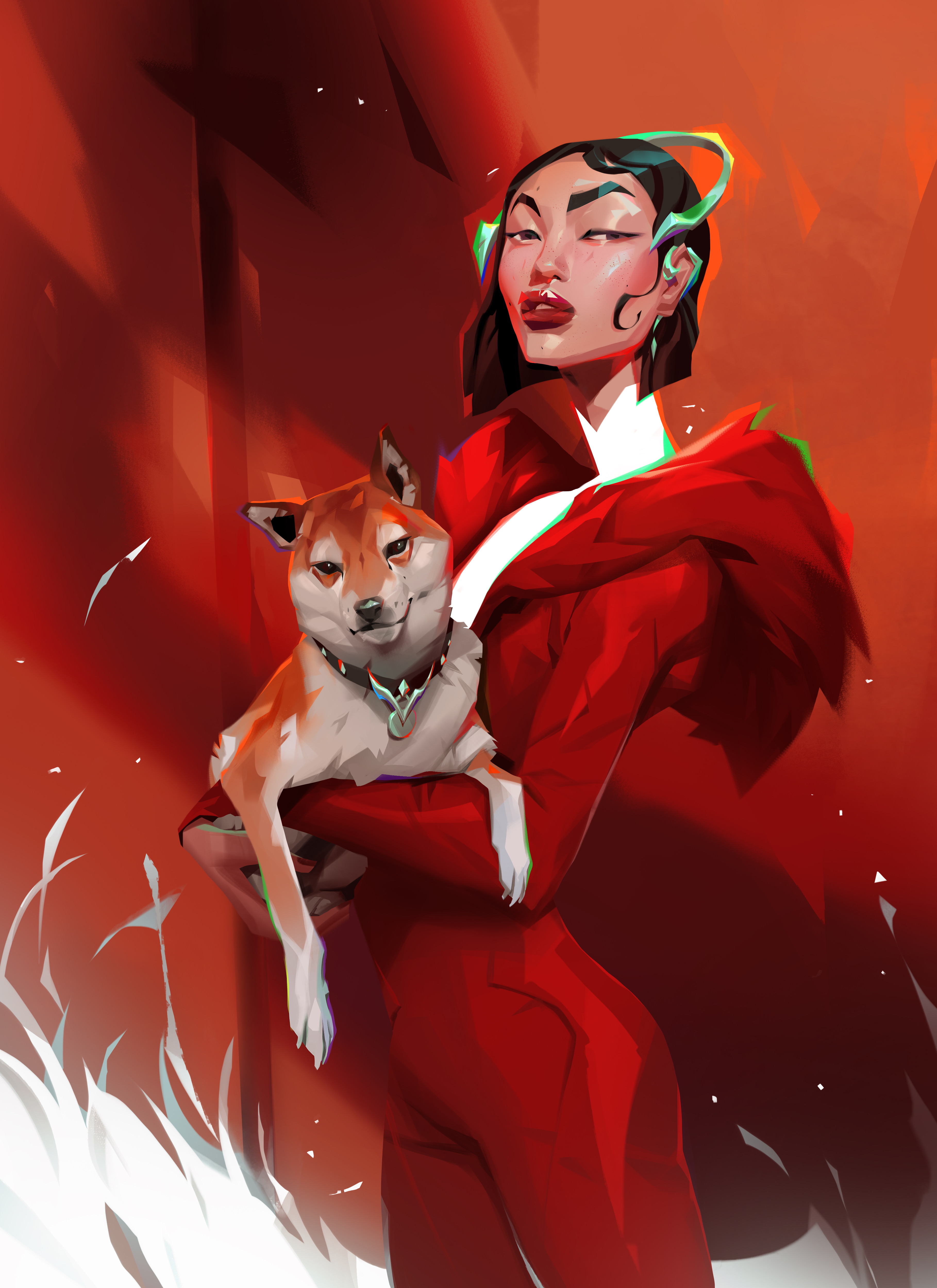 Sasha Tudvaseva Dog Drawing Red Dress Portrait Display Dark Hair Digital Art Women Red Background Ar 3636x5000