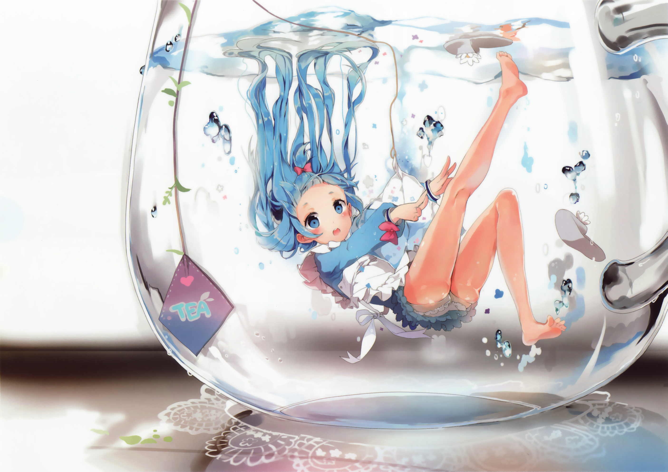 Anime Anime Girls Long Hair Blue Hair Underwater Tea Blue Eyes Bubbles Flip Flops 2810x1987
