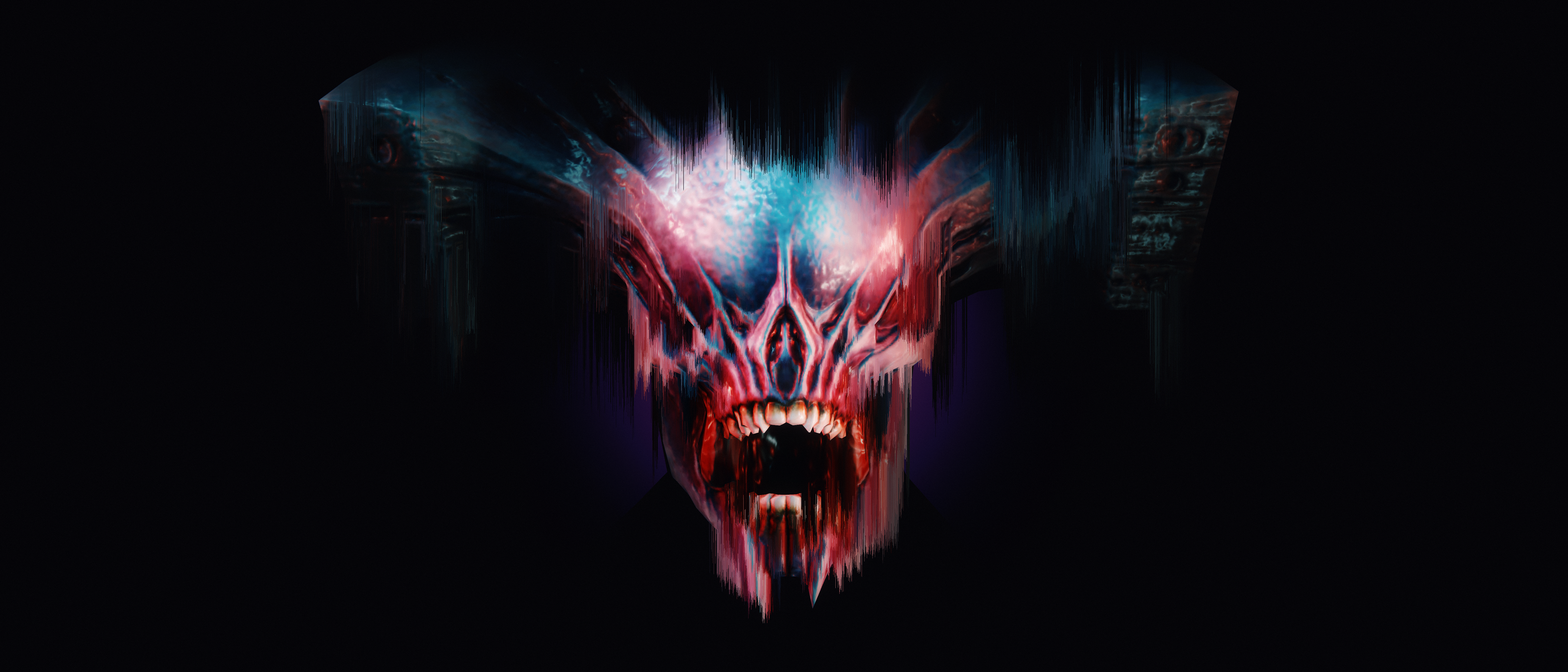 Doom 2016 Reshade Skull Video Games Glitch Art Frontal View 3840x1646