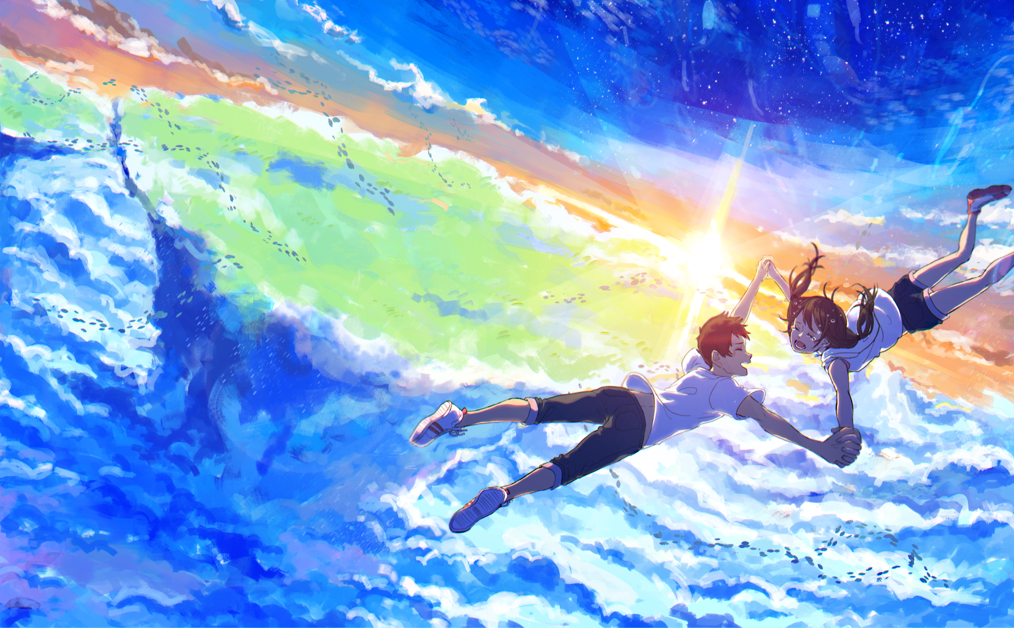 Digital Art Anime Sky Sunrise Clouds Falling Hina Amano Tenki No Ko Hodaka Morishima Makoto Shinkai  3508x2173