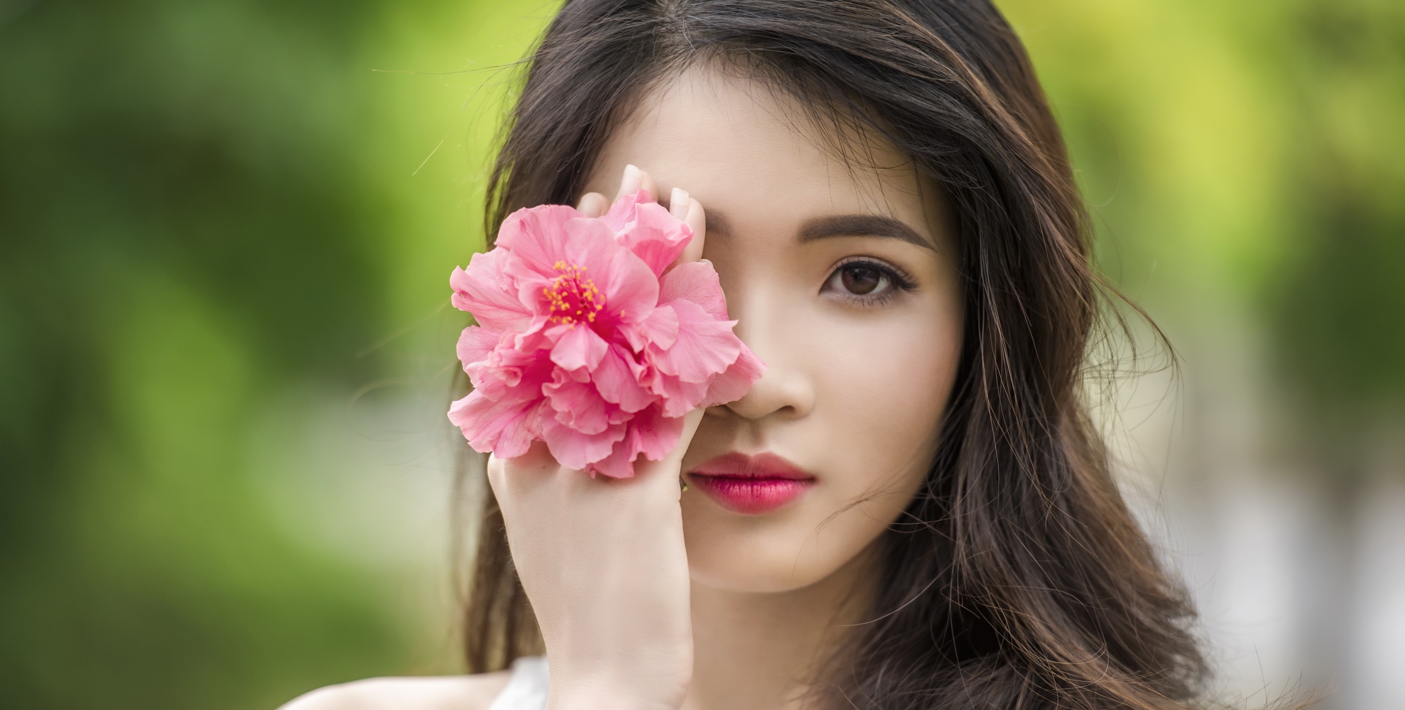 Asian Brown Eyes Brunette Depth Of Field Face Flower Girl Model Pink Flower Woman Wallpaper 4056