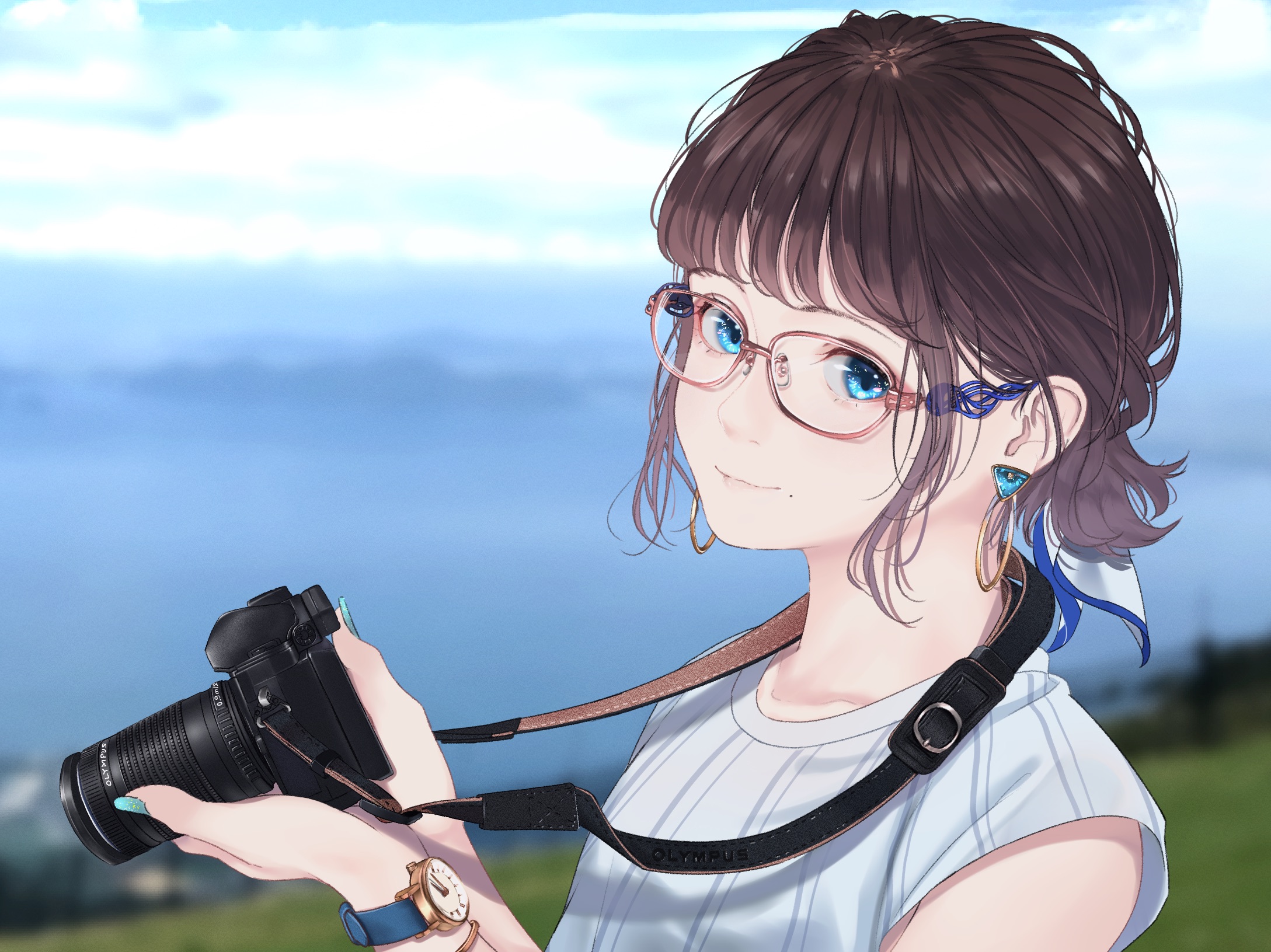 Anime Anime Girls Glasses Blue Eyes Brunette Photographer Wristwatch Clouds Earring Camera Saitou 2177x1631