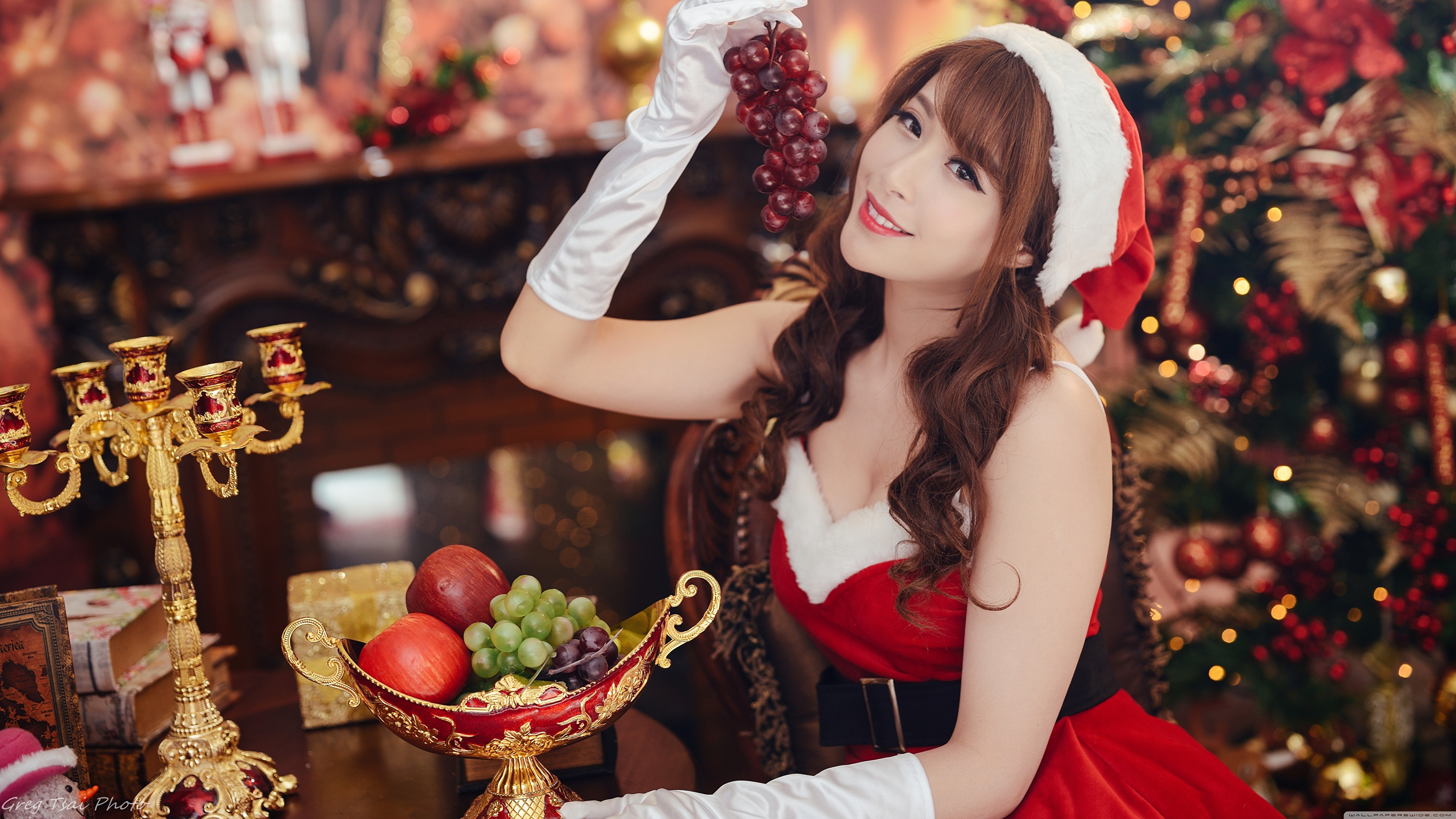 Asian Model Women Long Hair Brunette Christmas Red Dress Belt Candle Holder Fruit Bowl Hat 3840x2160