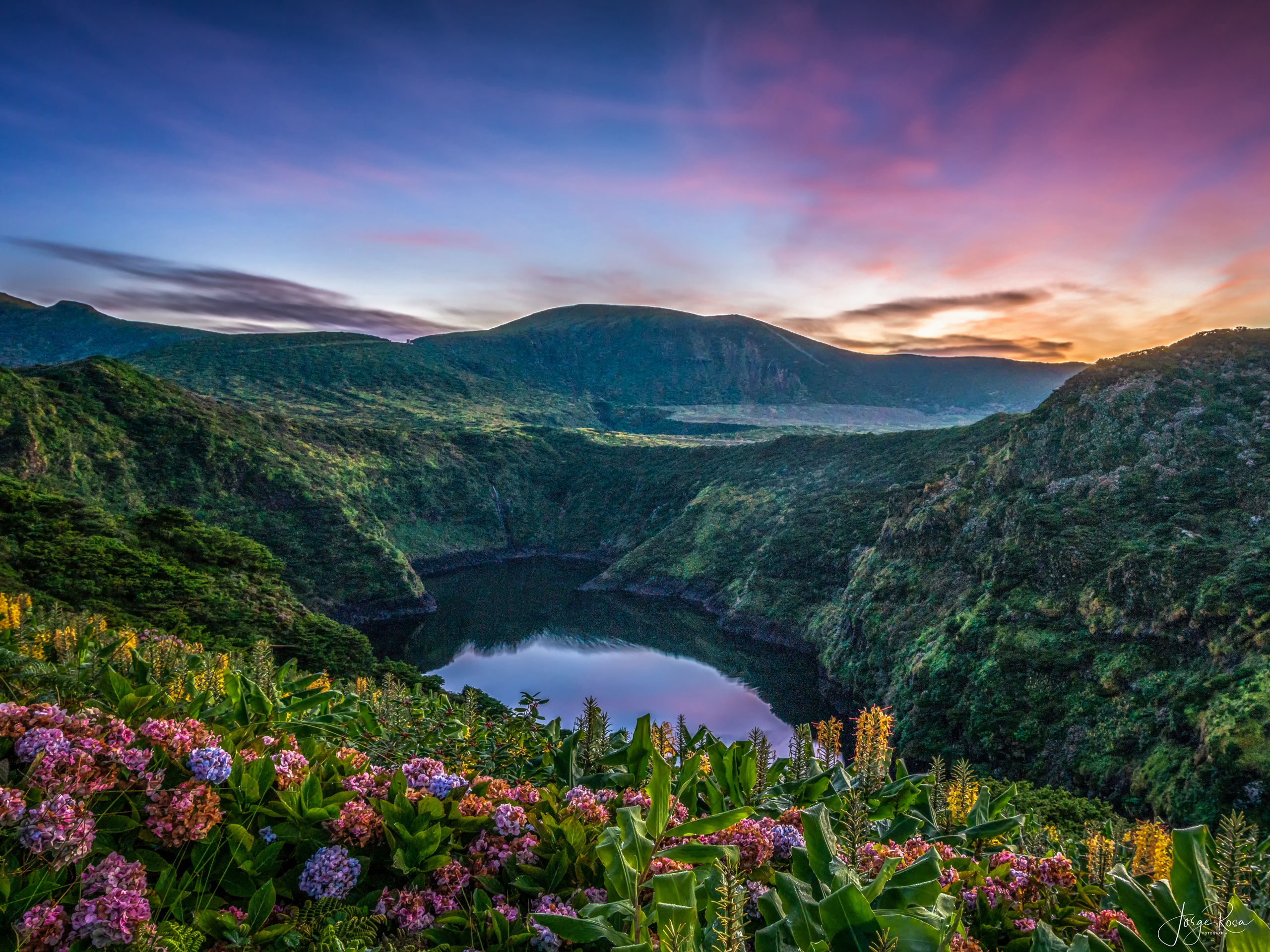Azores Flower Lake Mountain Portugal Sunset 2560x1920