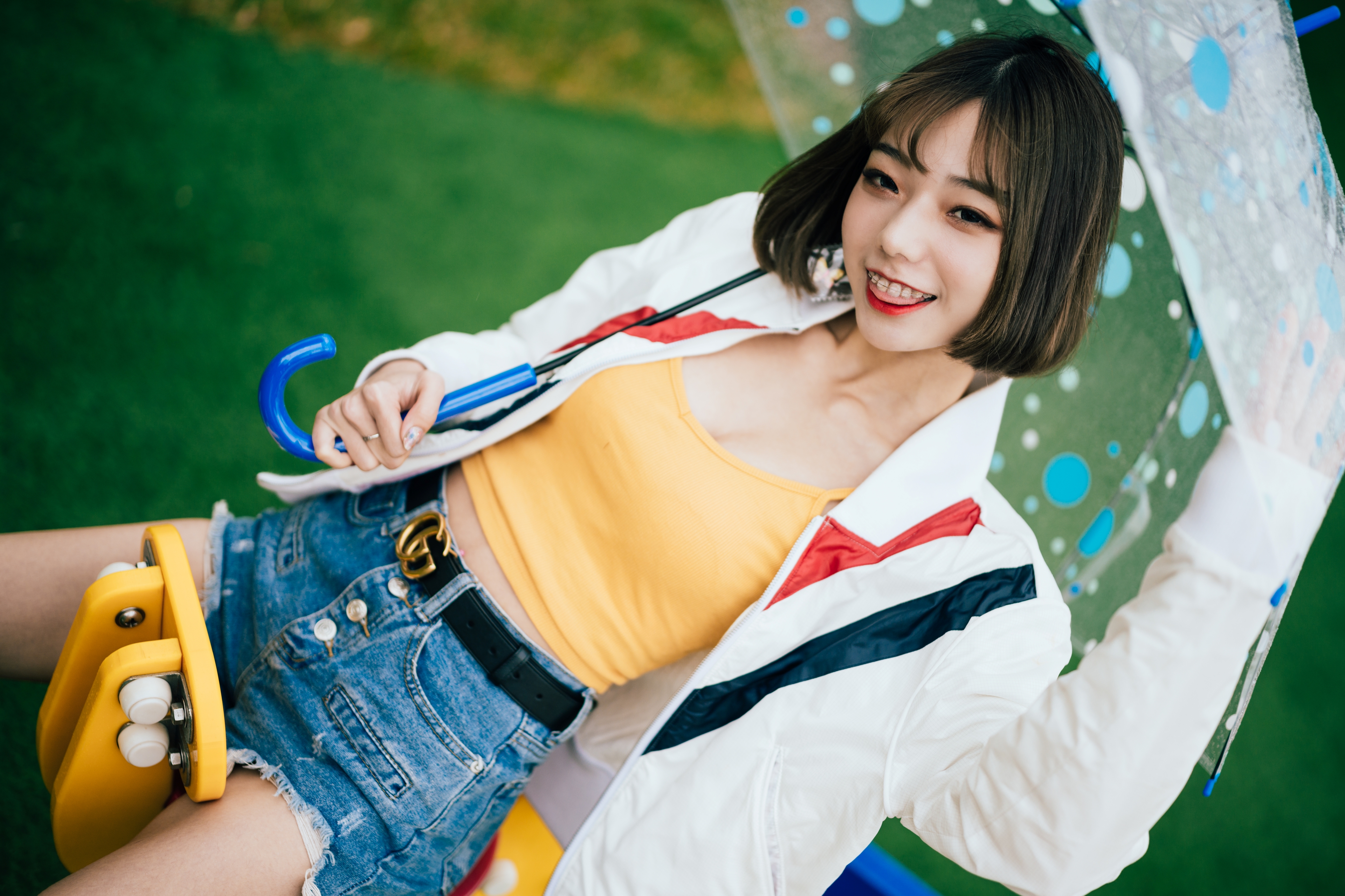 Women Model Asian Looking At Viewer Smiling Braces Yellow Tops Jacket Torn Clothes High Angle Bokeh  3840x2560