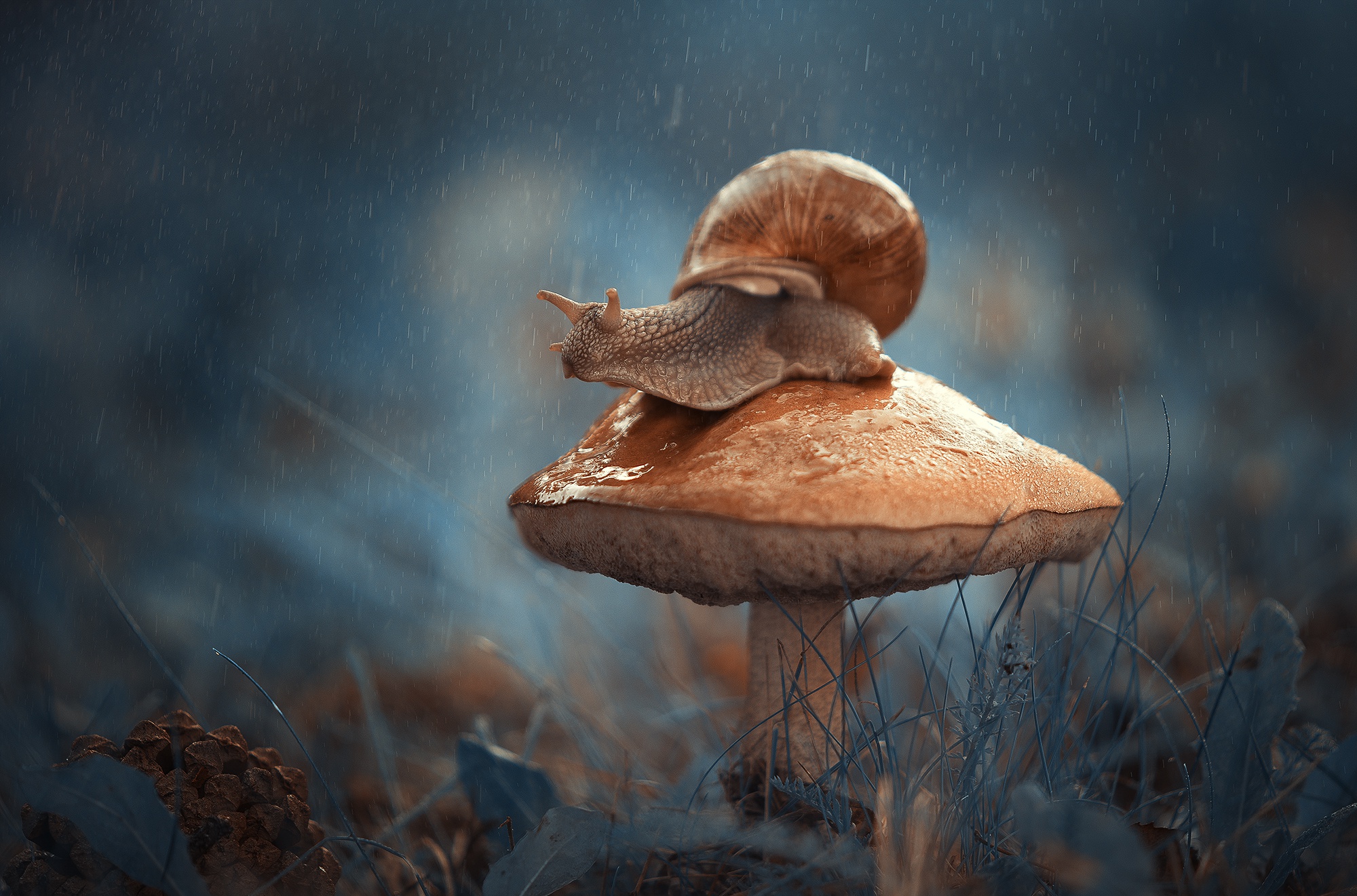 Fall Macro Mushroom Rain Snail 2000x1321