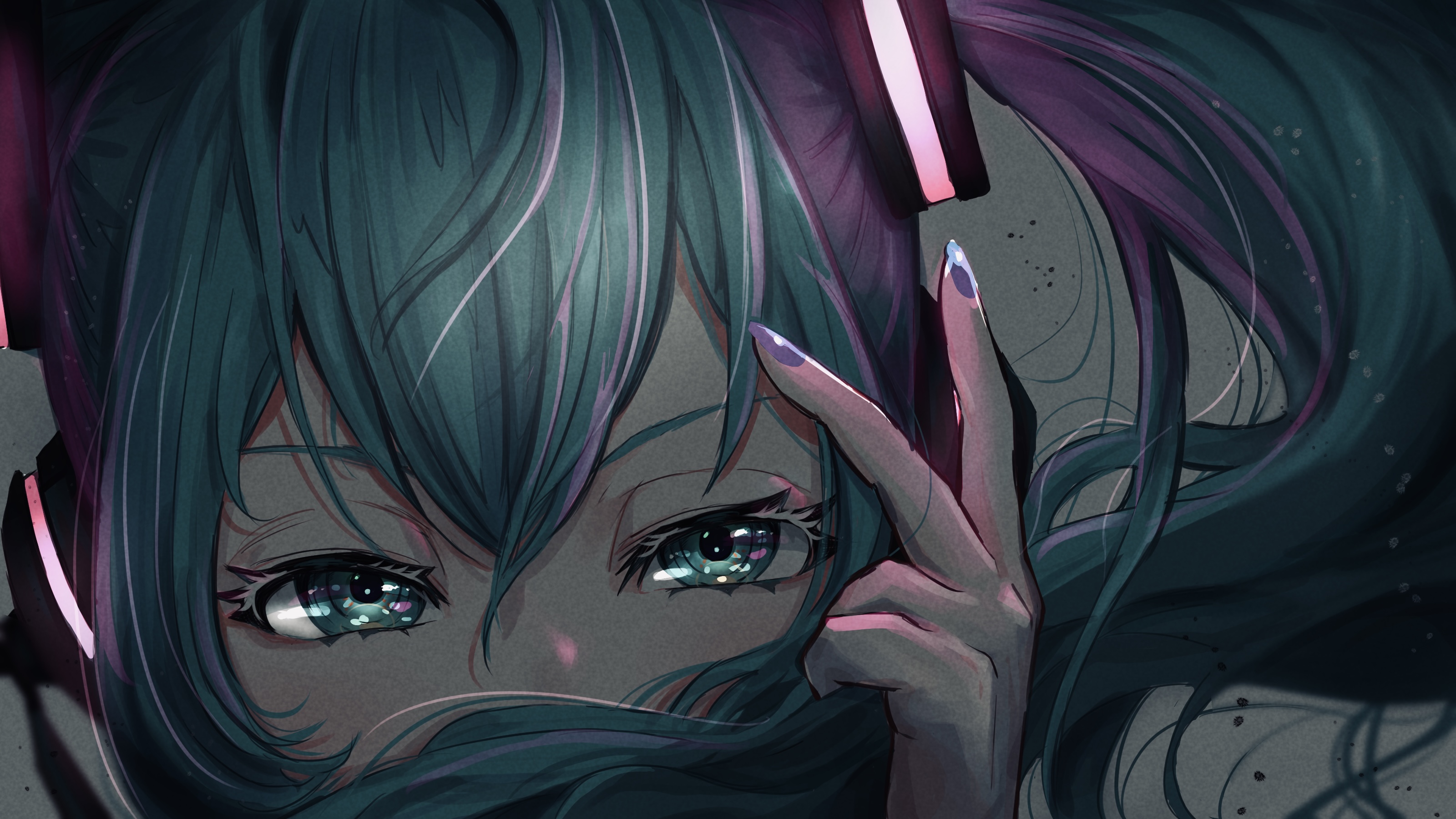 Anime Anime Girls Vocaloid Hatsume Miku Green Eyes Purple Nails Long Nails Long Hair Looking At View 3200x1800