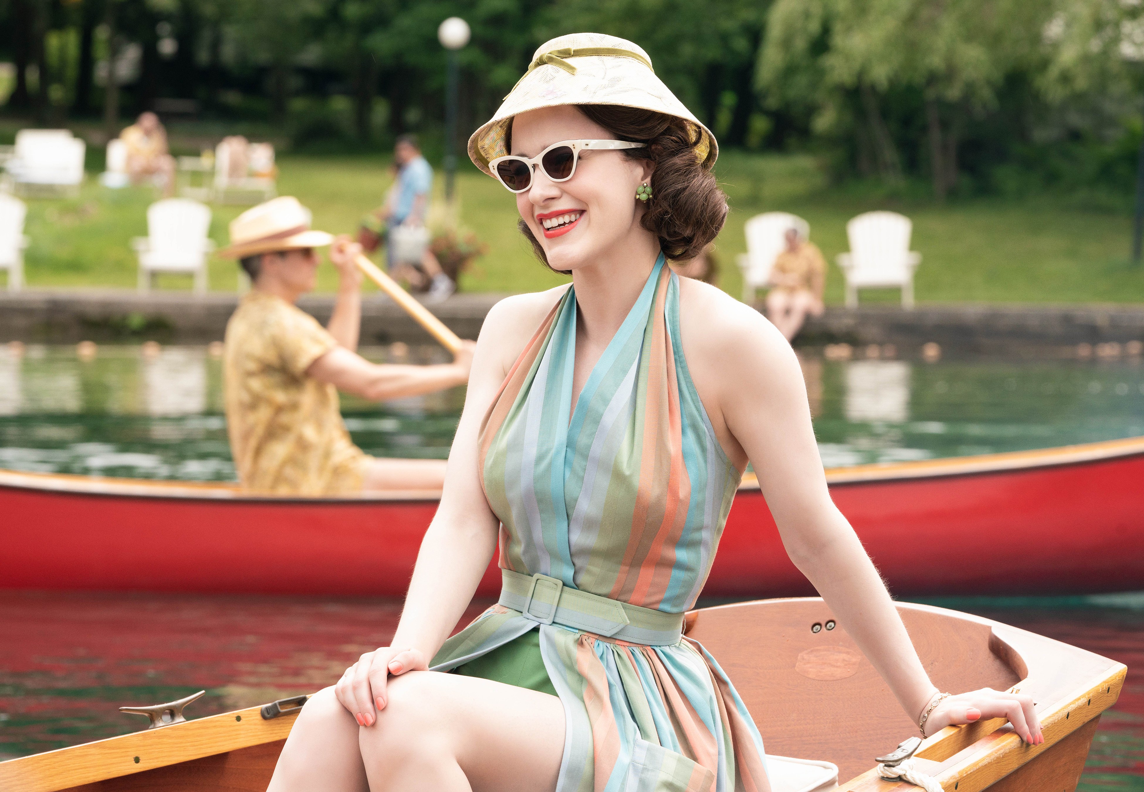 Actress American Boat Brunette Hat Rachel Brosnahan Smile Sunglasses 3900x2700