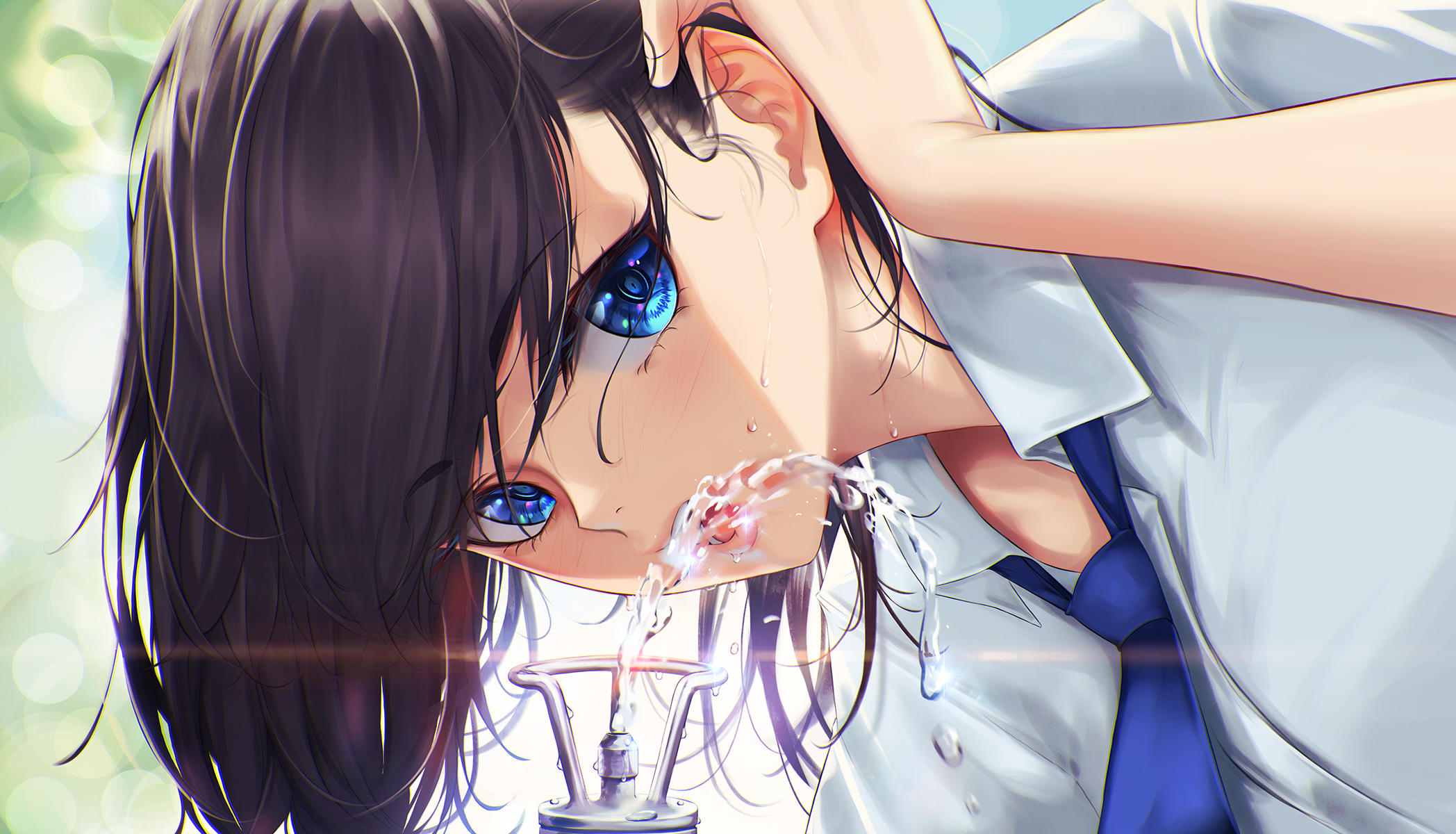 Anime Anime Girls Drinking Fountains Drinking Blue Eyes Brunette Long Hair Tie Shirt Depth Of Field  2096x1200