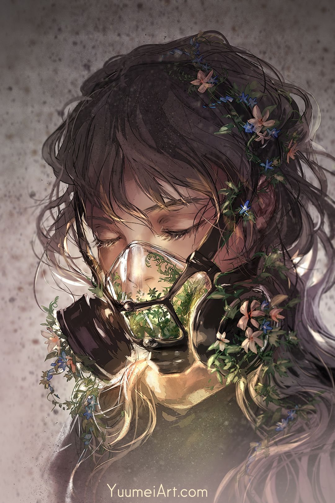 Yuumei Drawing Women Brunette Mask Overgrown Flowers Plants Closed Eyes Portrait 1080x1620