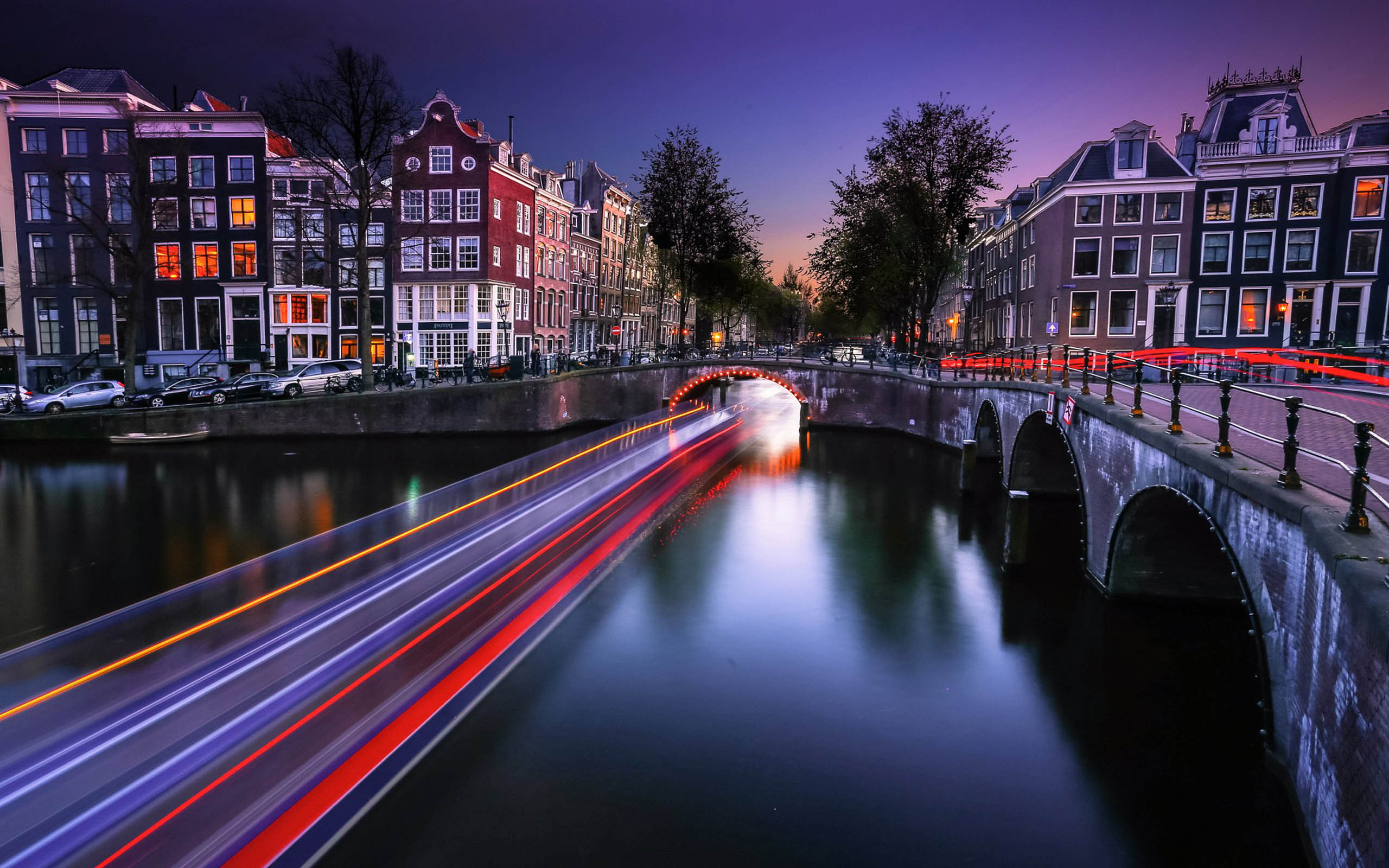 Amsterdam Bridge City Cityscape Light Netherlands Night Time Lapse 2560x1600