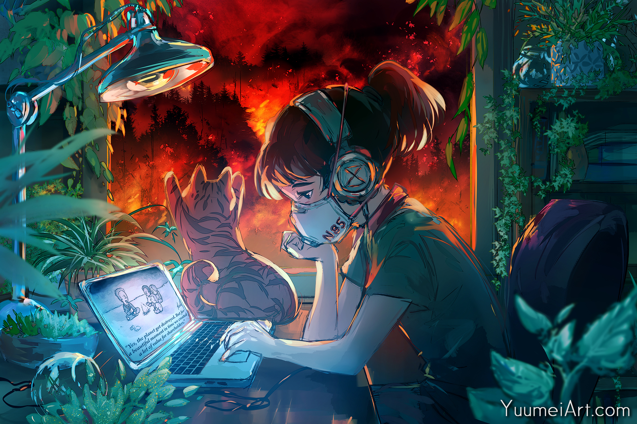 Yuumei Drawing Children Cats Animals Laptop Mask Window Plants Apocalyptic Headphones 2025x1350
