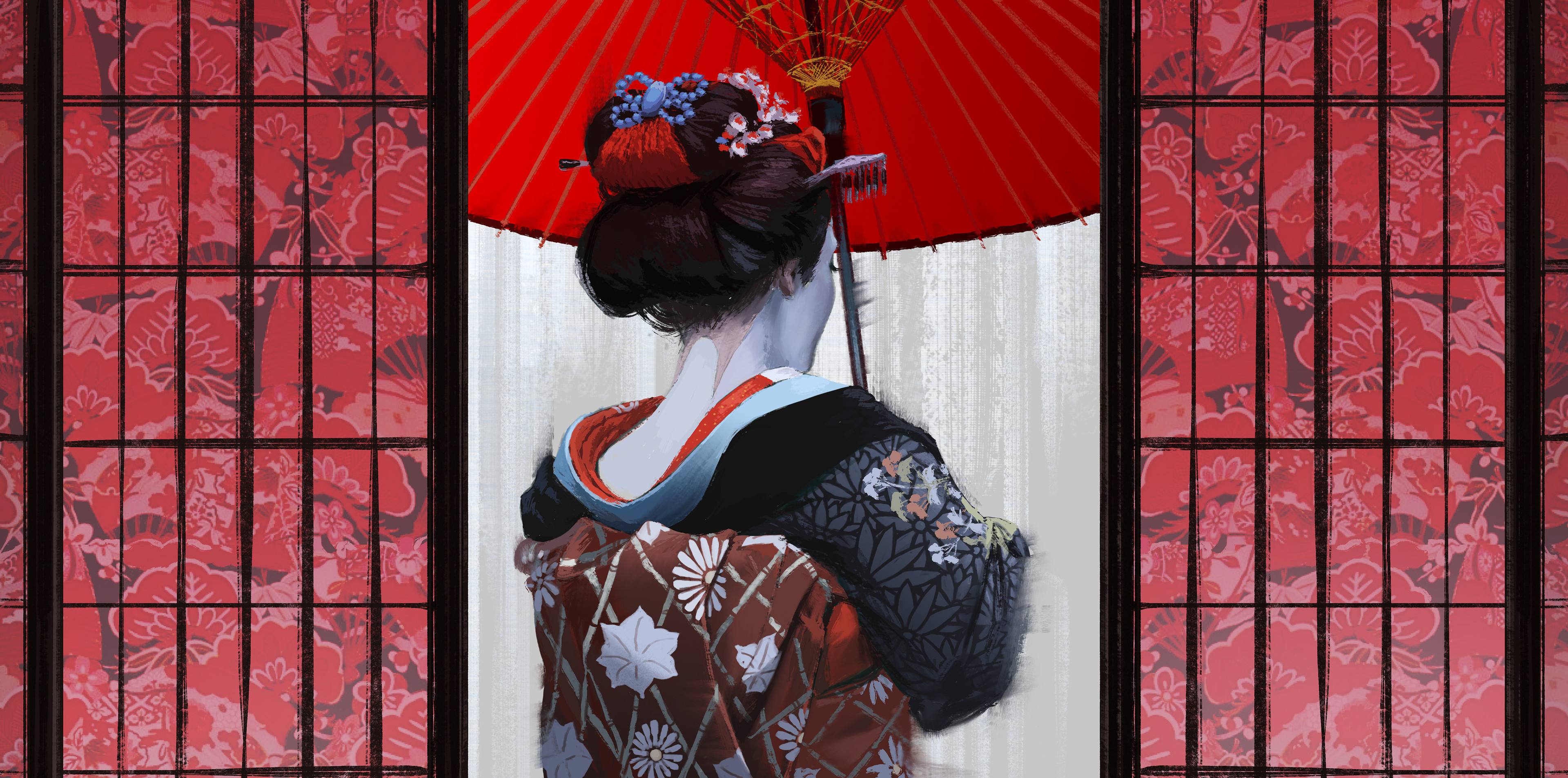 Conor Smith Japanese Women Digital Painting Back Japanese Women Dress Japanese Art Digital Art Flowe 3840x1906