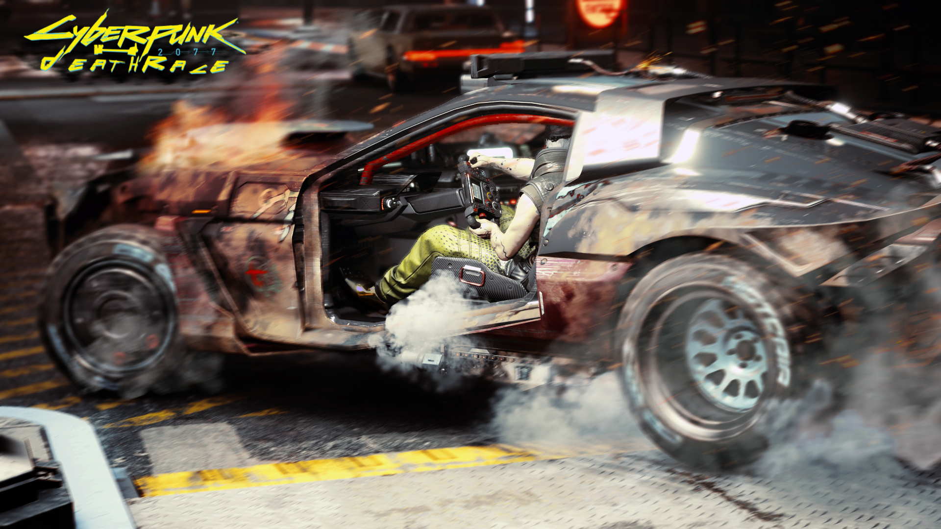 Cyberpunk Cyberpunk 2077 Car Race Cars Fire Smoke Deathrace 1920x1080