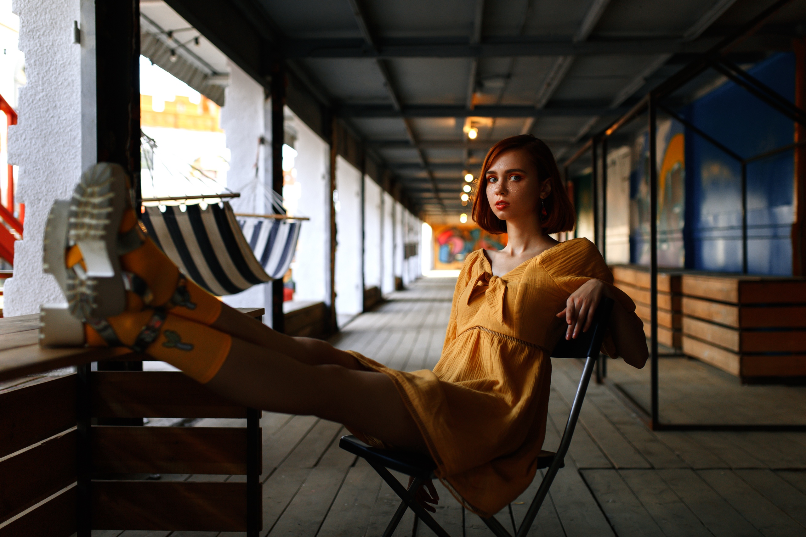 Valeriya Ranevskaya Mikhail Shvetsov Boots Legs Redhead Dress Sitting Looking At Viewer Women Model 2560x1707