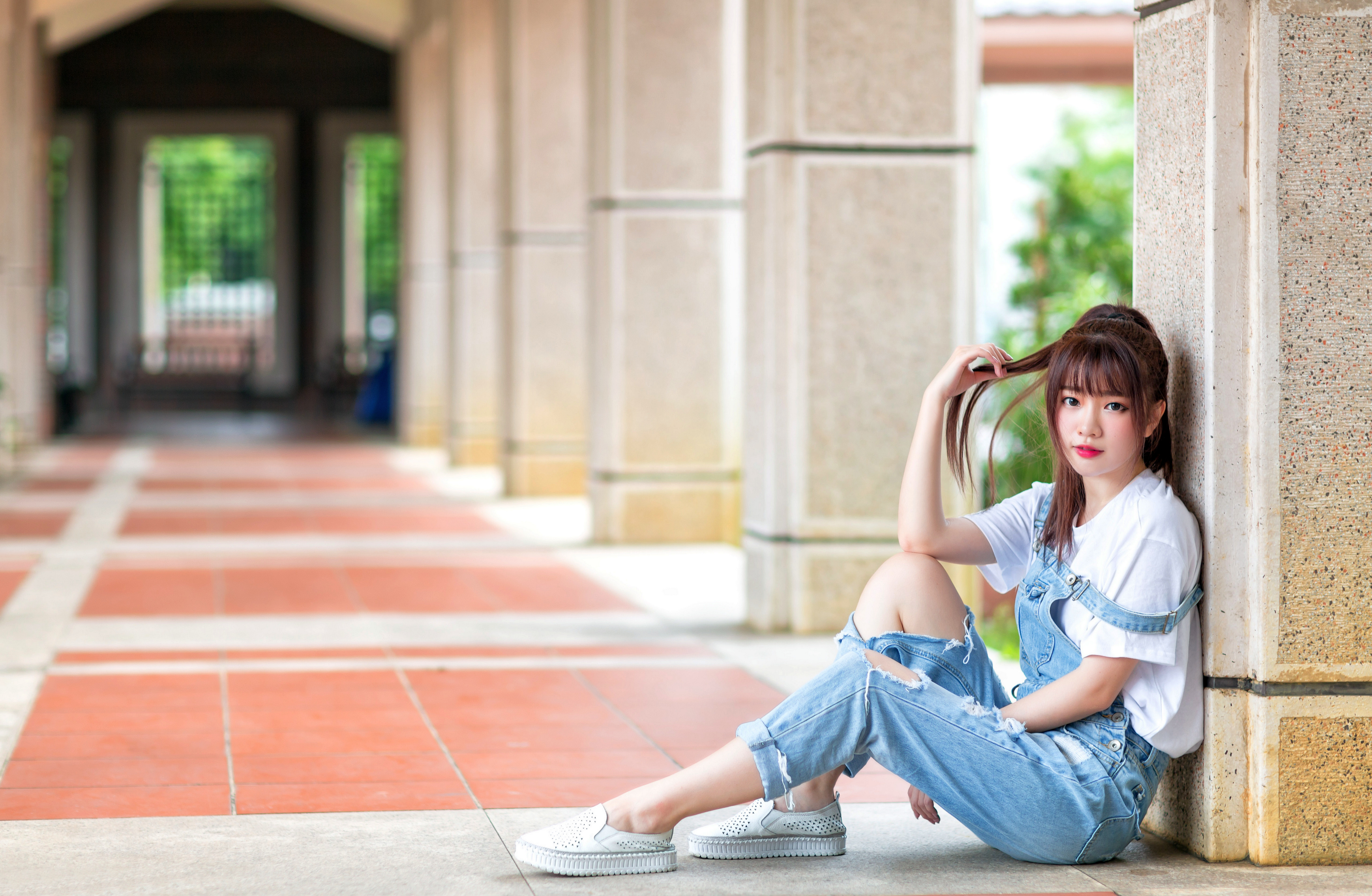Asian Model Women Long Hair Brunette Jeans Jumpsuit White Shirt Sitting Column Bushes Leaning Hallwa 3840x2506