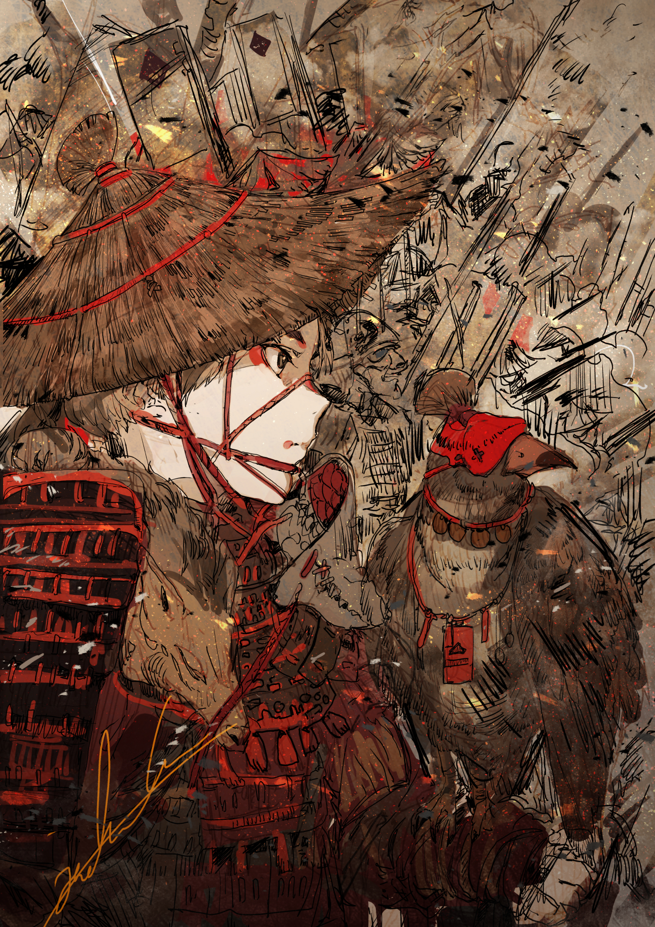 Anime Original Characters Samurai Red Hawk Animal Vertical Hirannko 1302x1842