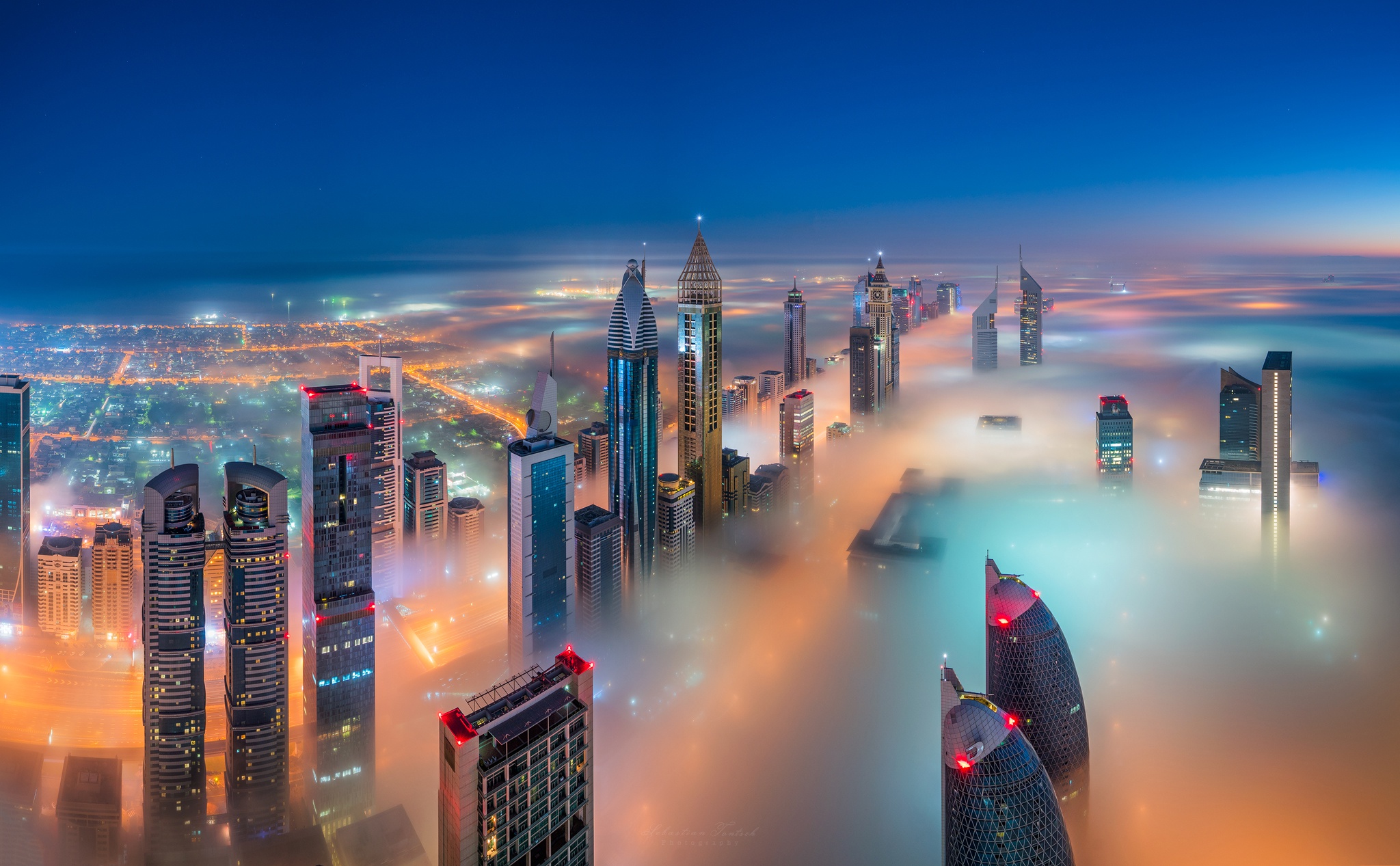 Building City Dubai Fog Light Night Sky Skyscraper United Arab Emirates 2048x1267