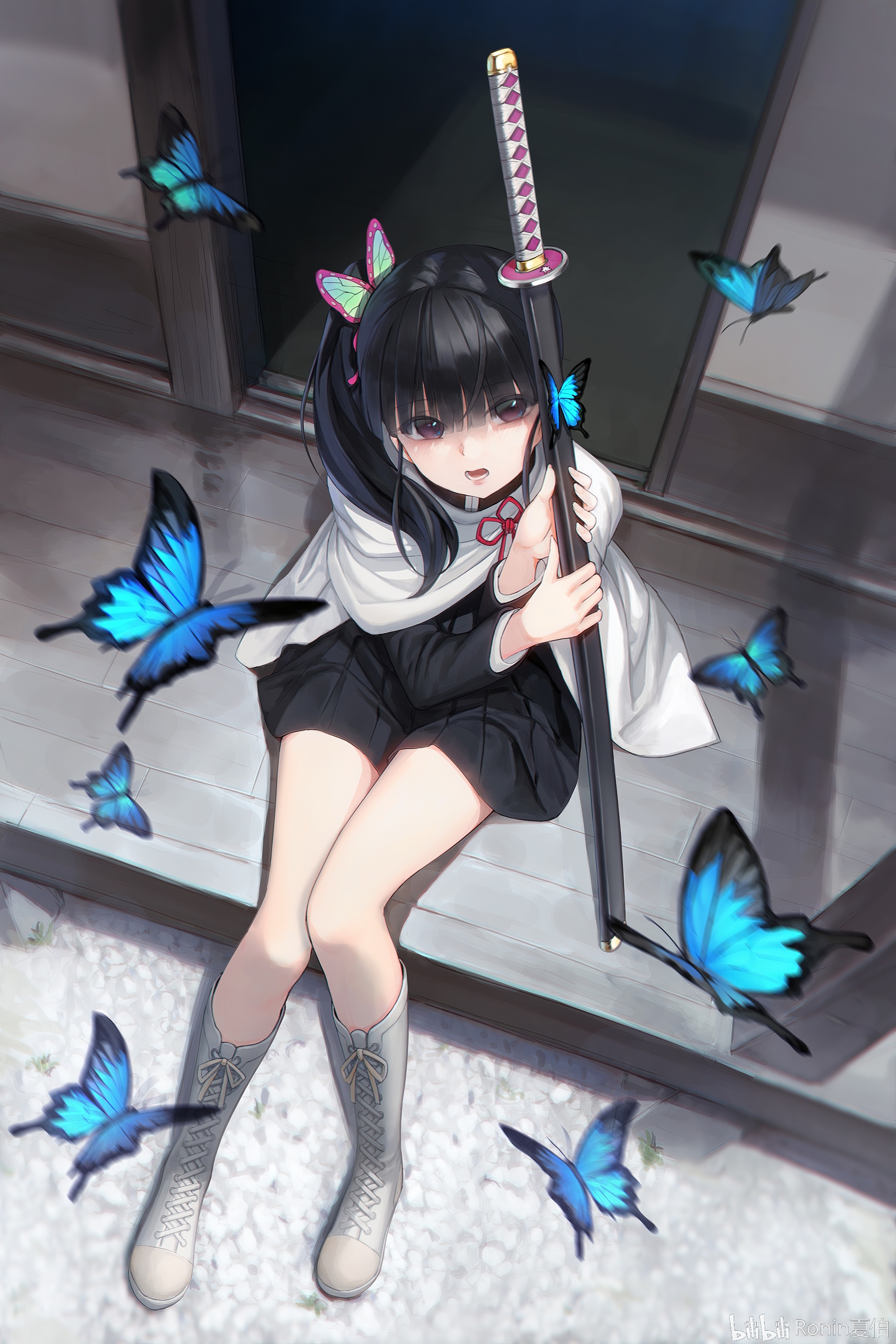 Kanao Tsuyuri Kimetsu No Yaiba Katana Manga Anime Girls Butterfly Blue Butterflies Boots Dress Door  2000x2999