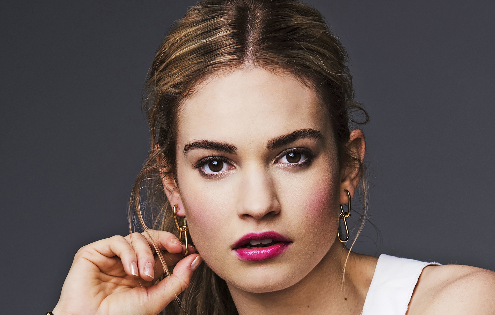 Actress Brown Eyes Brunette English Face Girl Lily James Lipstick Stare 2048x1303