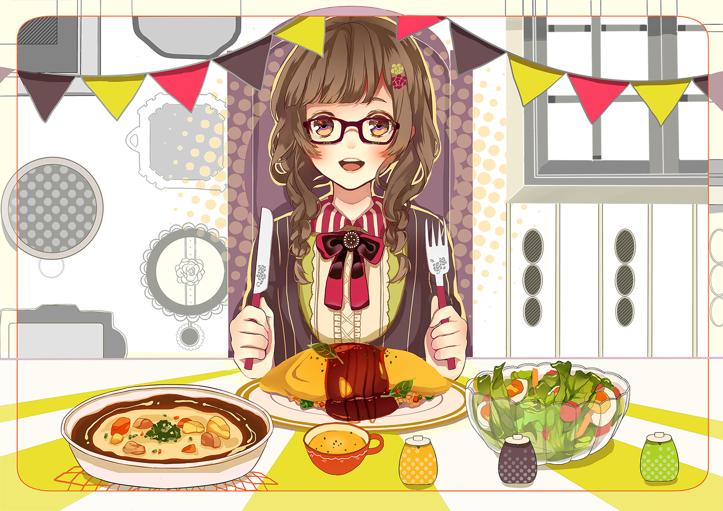 Anime Anime Girls Anime Girls Eating Glasses Eating Brunette Food Brown Eyes Smiling Cutlery Salad T 1433x1014