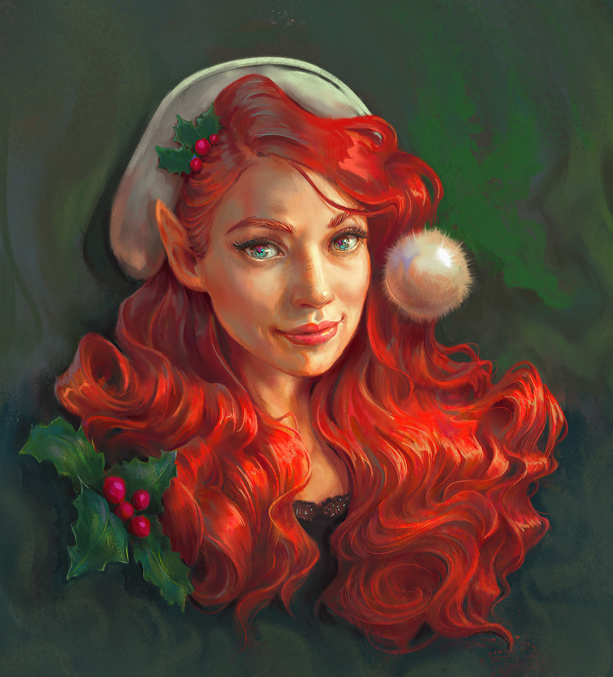 Mandy Jurgens Redhead White Hat Pointed Ears Women Young Woman Digital Art Portrait Display Digital  2000x2207
