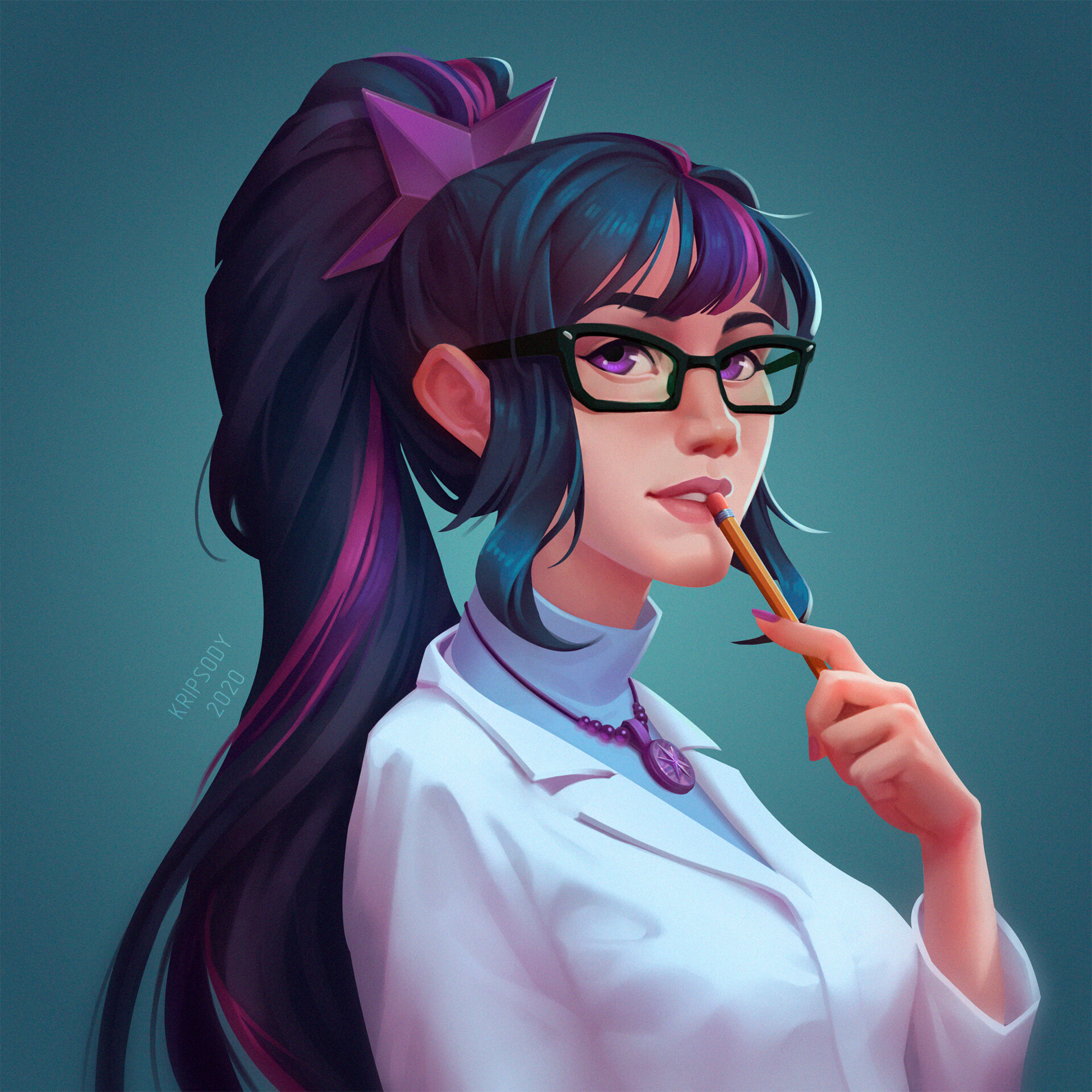 Simple Background Women Women With Glasses Blue Background Long Hair ArtStation Pencils Purple Hair  1920x1920