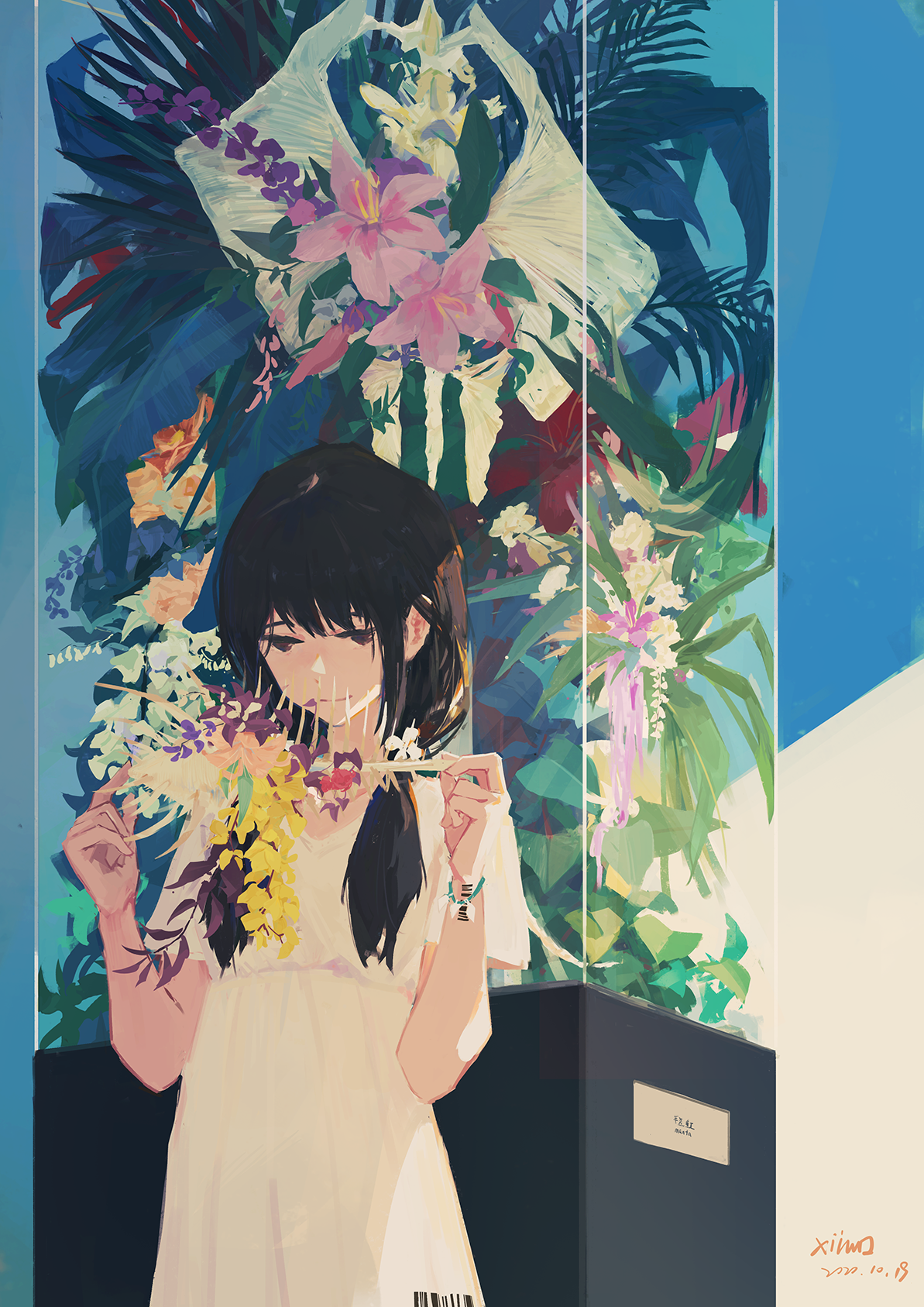 XilmO Anime Girls Flowers Anime Dress Dark Hair Standing Plants 1193x1687