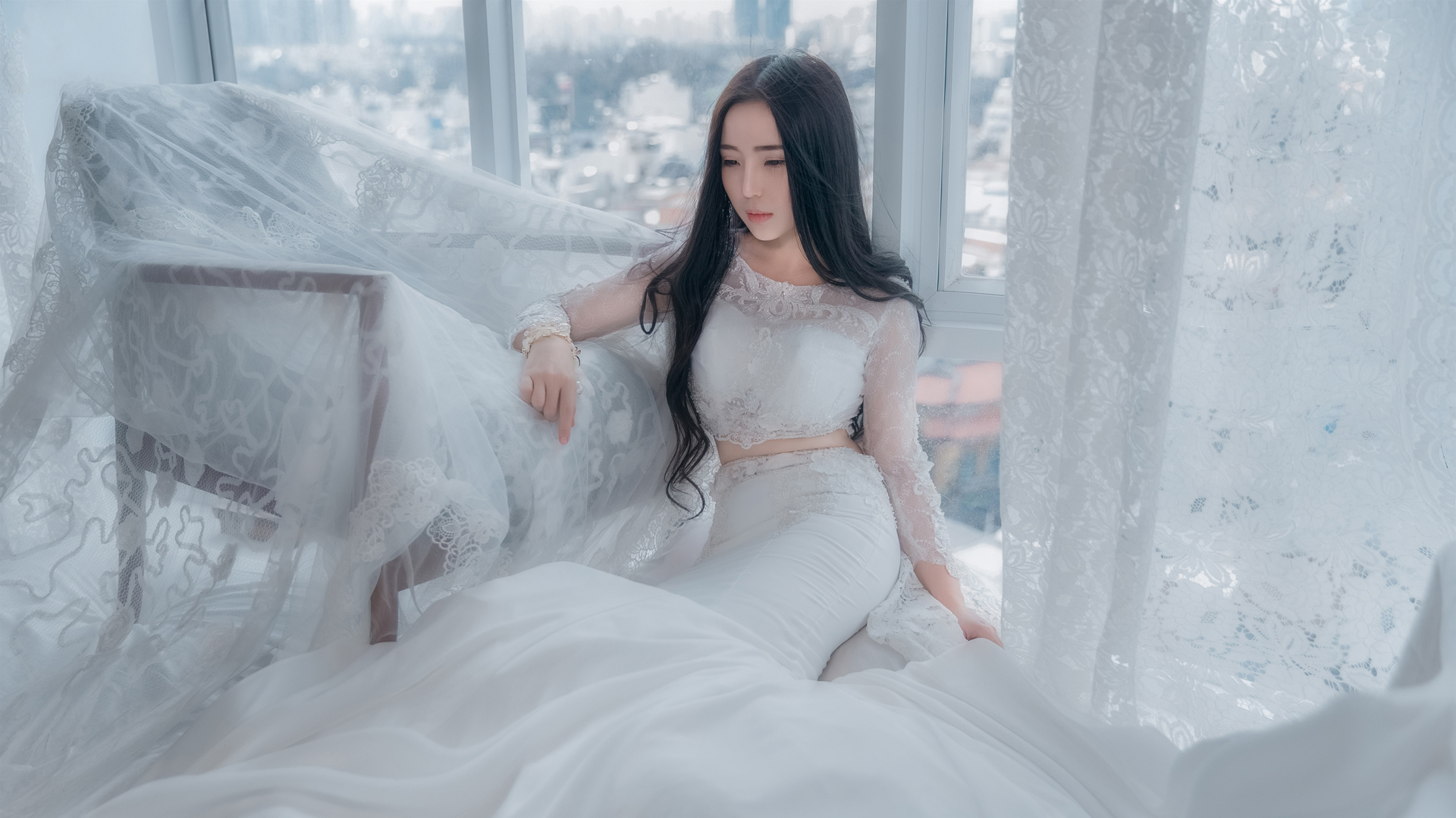 Asian Black Hair Bride Girl Long Hair Model Wedding Dress White Dress Woman 1920x1080