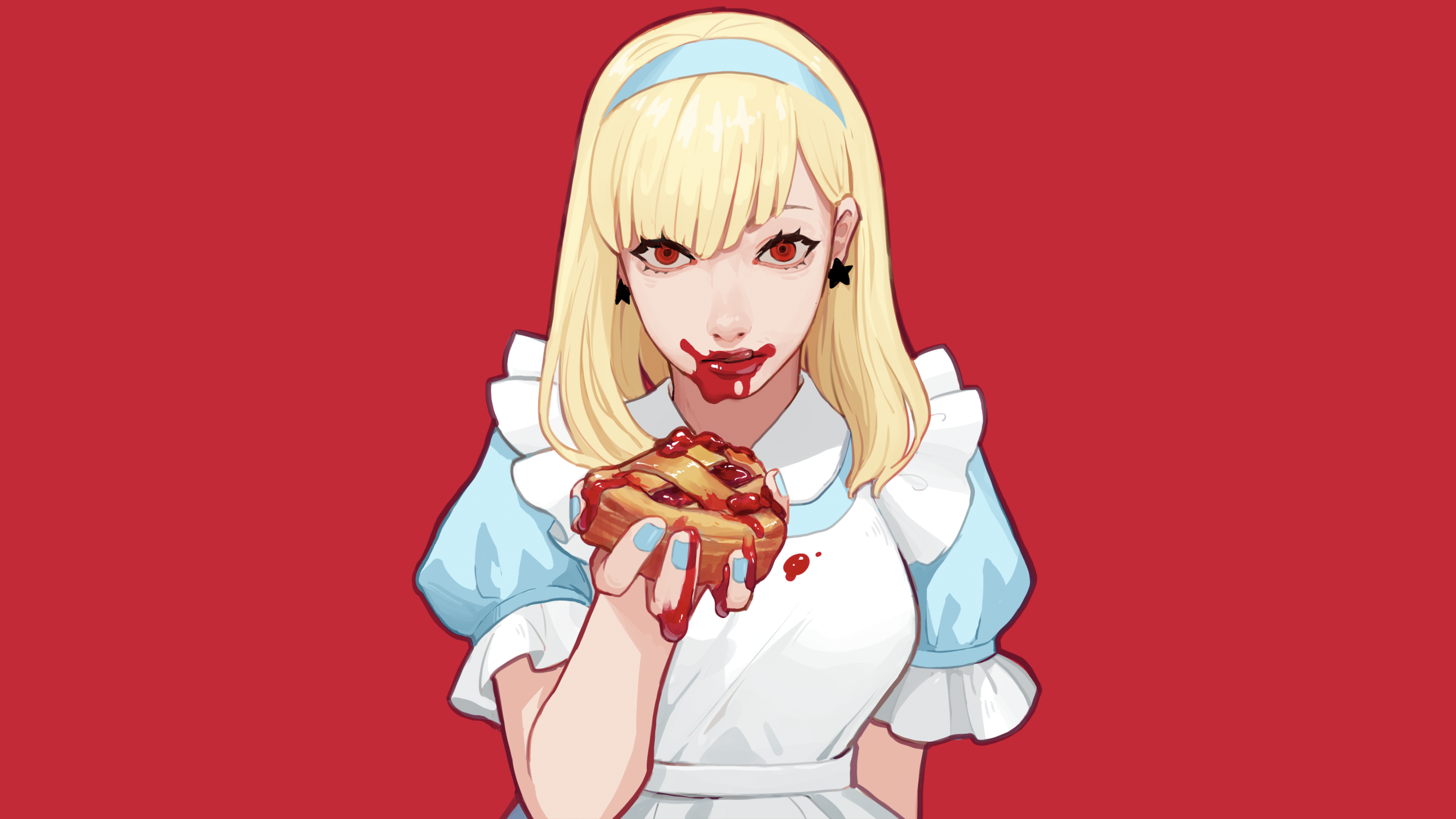 Digital Art Red Background Red Eyes Yellow Hair Eating Maid Blue Nails Pie Cherry Pie 3840x2160