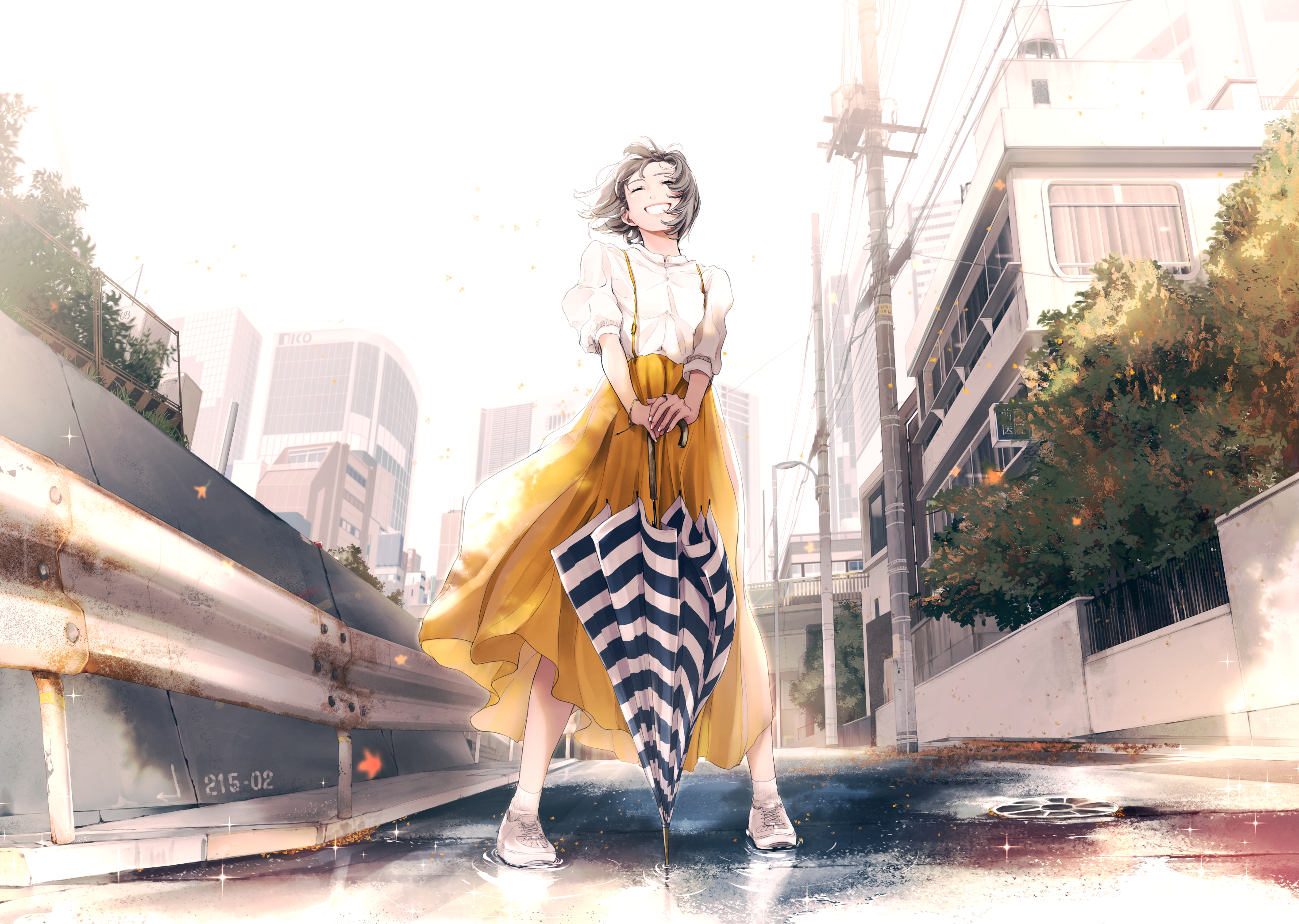 Anime Girls Anime Original Characters Women With Umbrella Long Skirt Short Hair Hair Blowing In The  2935x2088