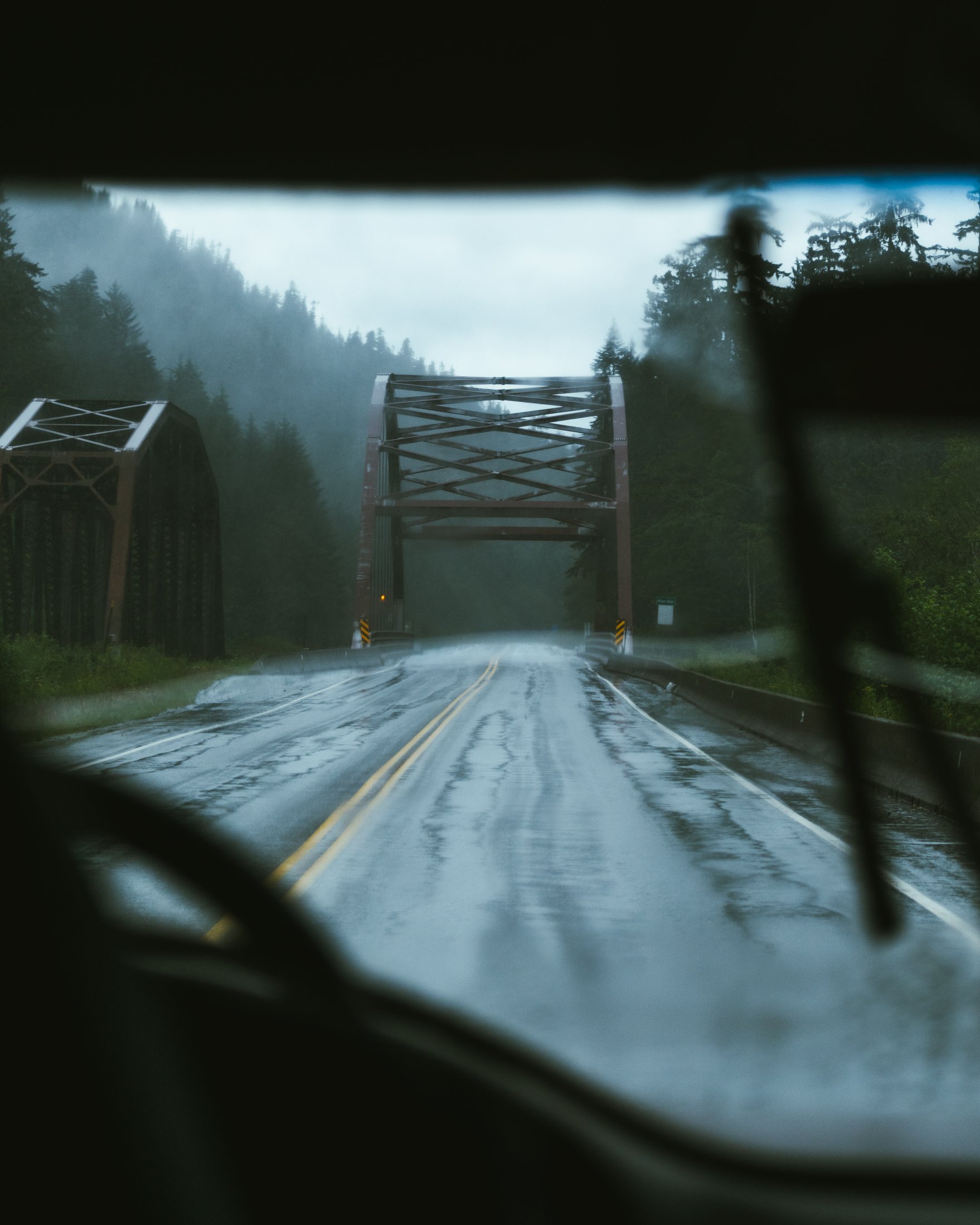 Portrait Display Rain Road Pine Trees Wet Road Forest Trees Bridge Inside A Car 1758x2197