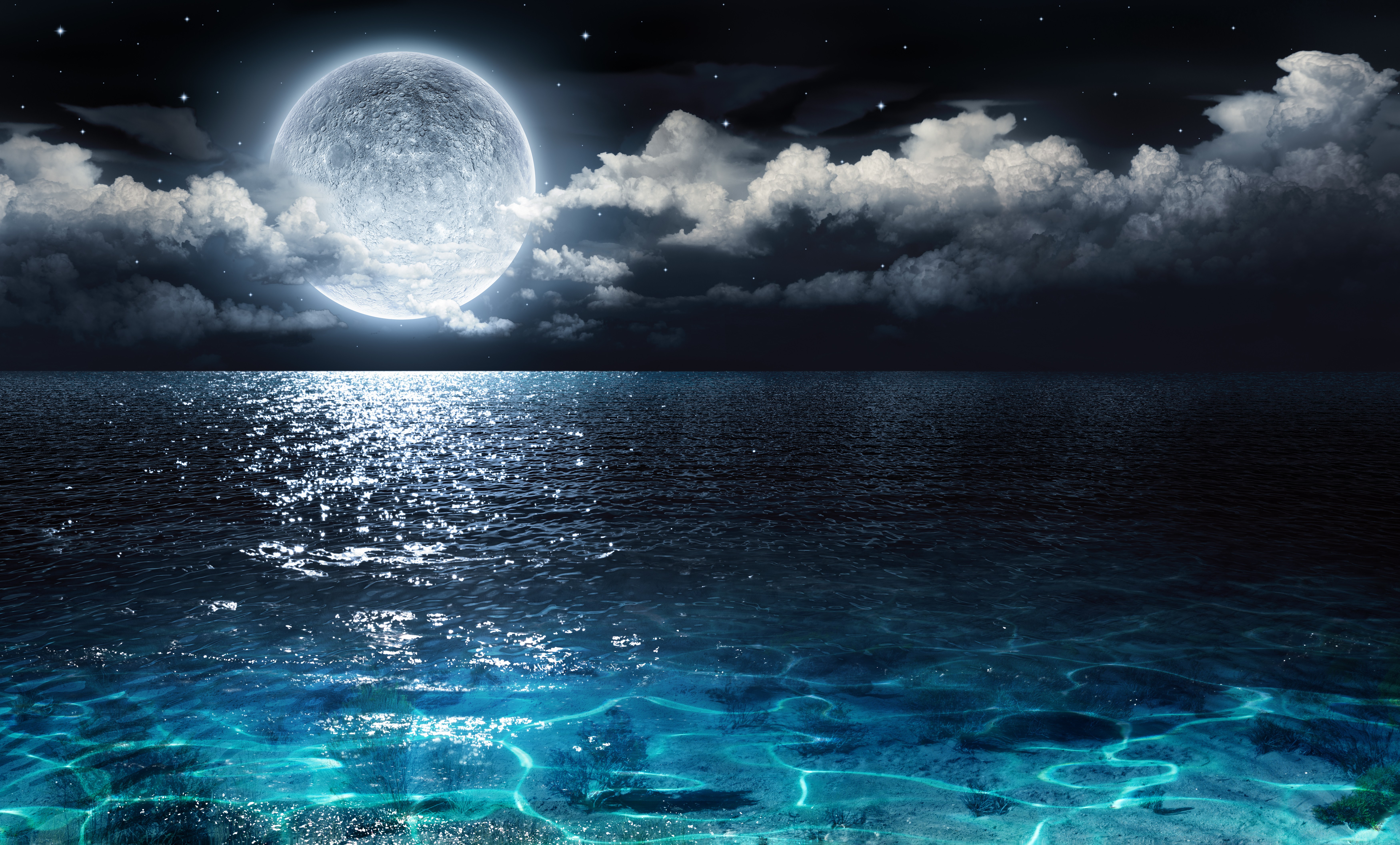 Cloud Moon Night Ocean Sea 7000x4224