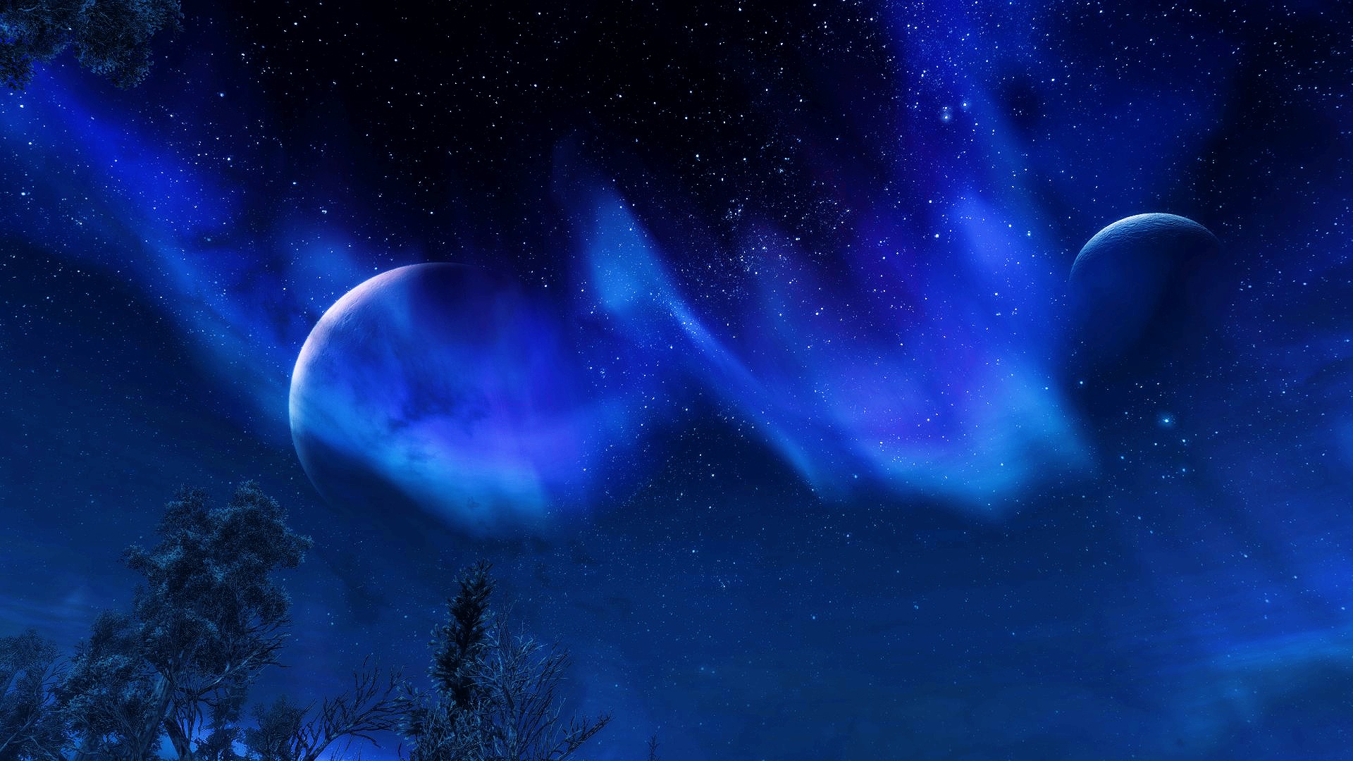 Bethesda Softworks Aurora Night Sky Moon Blue Stars Screen Shot Landscape Trees Video Games The Elde 1920x1080