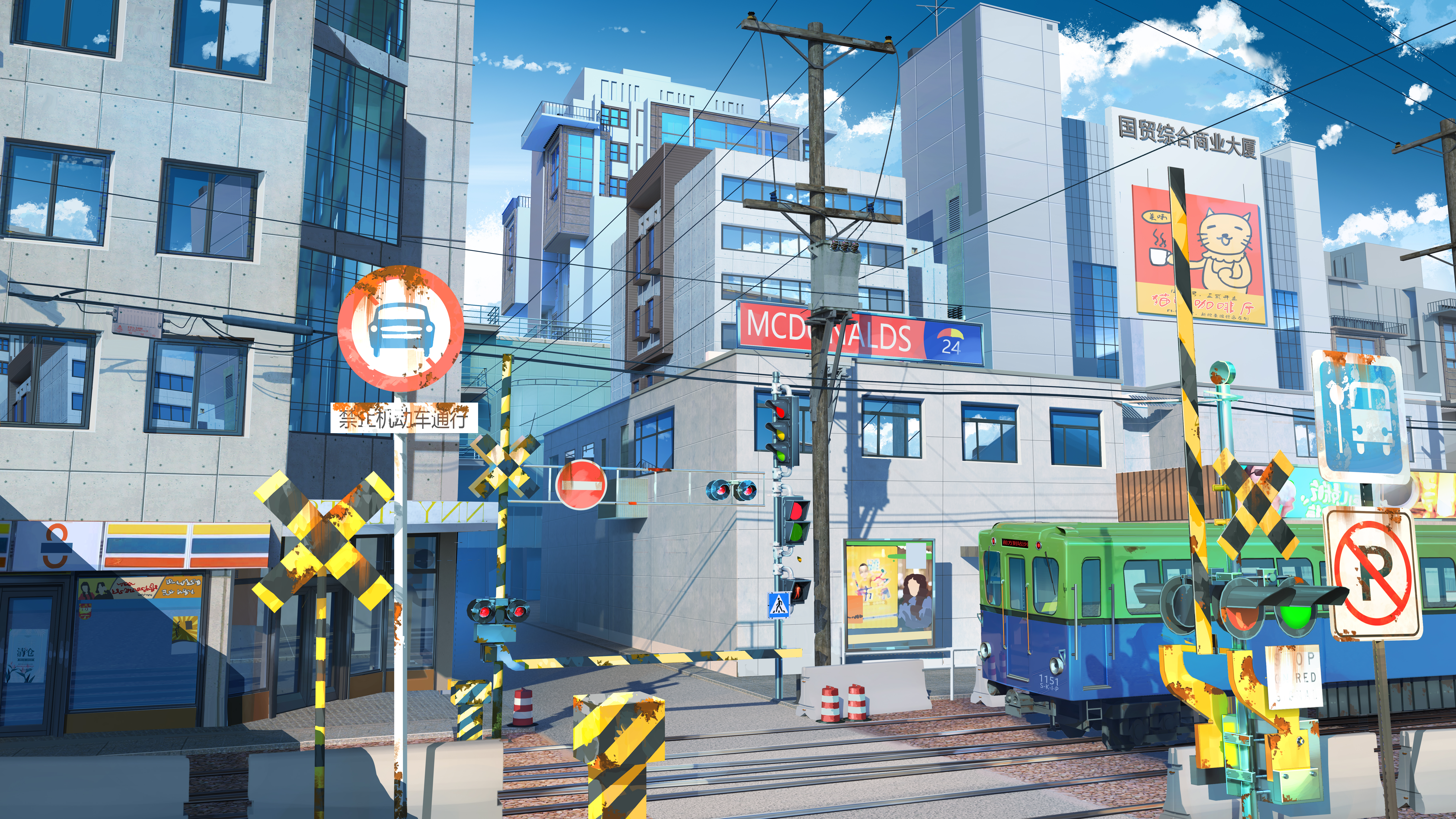 Artwork Digital Art Street Building Train Railway Traffic Signs Daylight Landscape 8000x4500