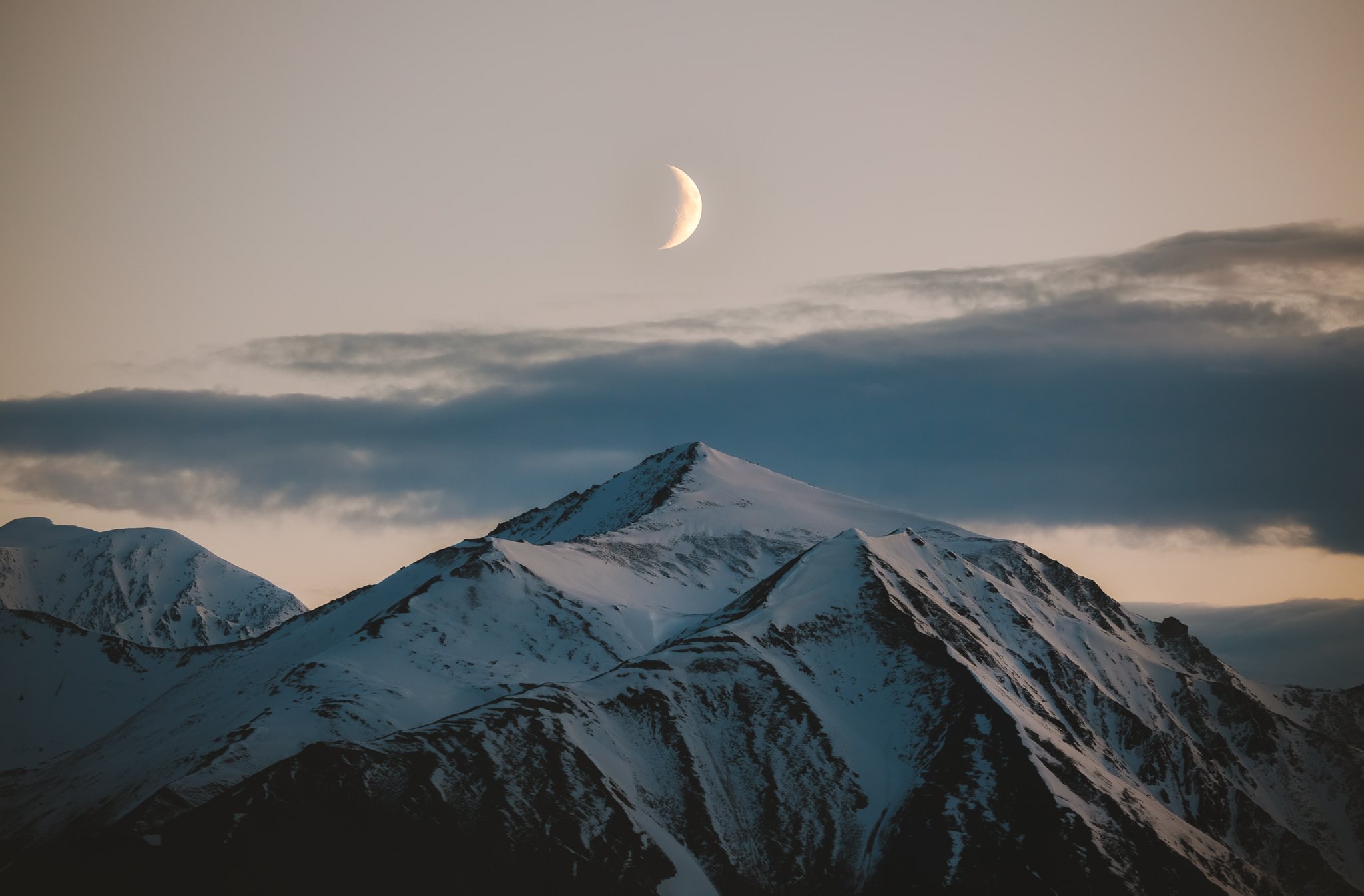 Landscape Moon Nature Mountains Snowy Mountain Clouds 2048x1346
