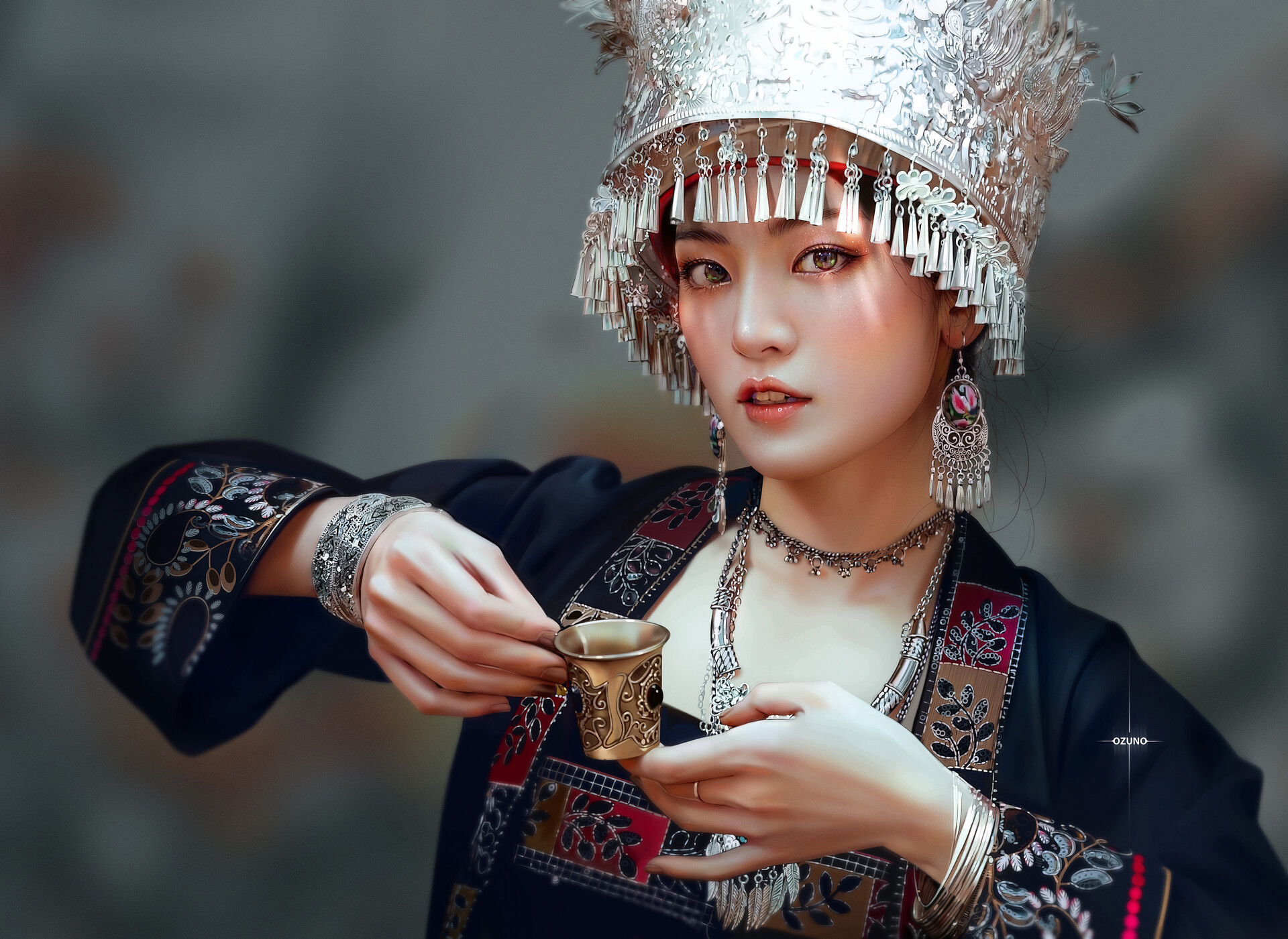 Huy Ozuno Looking At Viewer Cup Open Mouth Women Digital Art Depth Of Field Blurry Background Hands  1920x1401