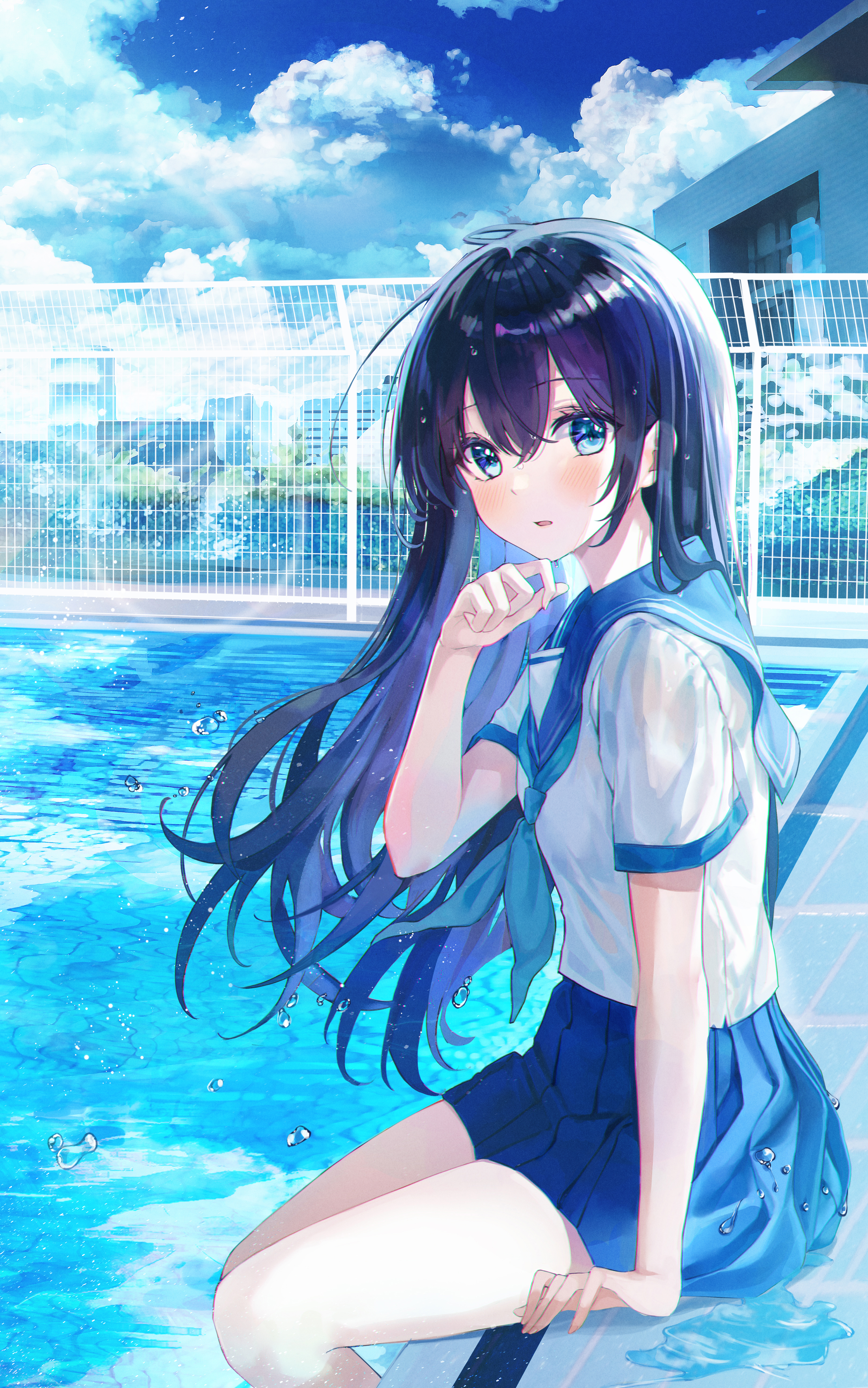 Anime Girls Long Hair Blue Eyes Eumi Vertical Anime Looking At Viewer Sitting Swimming Pool Purple H 3233x5170