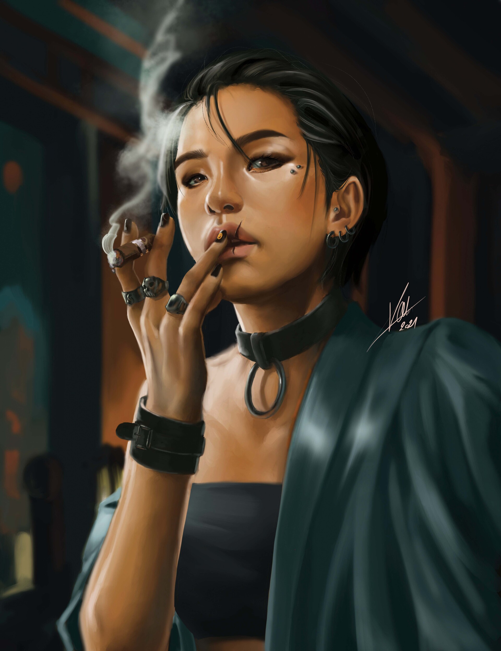 Women Portrait Display Cigars Rings Smoke Smoking Digital Art Asian Looking At Viewer Cigarettes Dar 1920x2496
