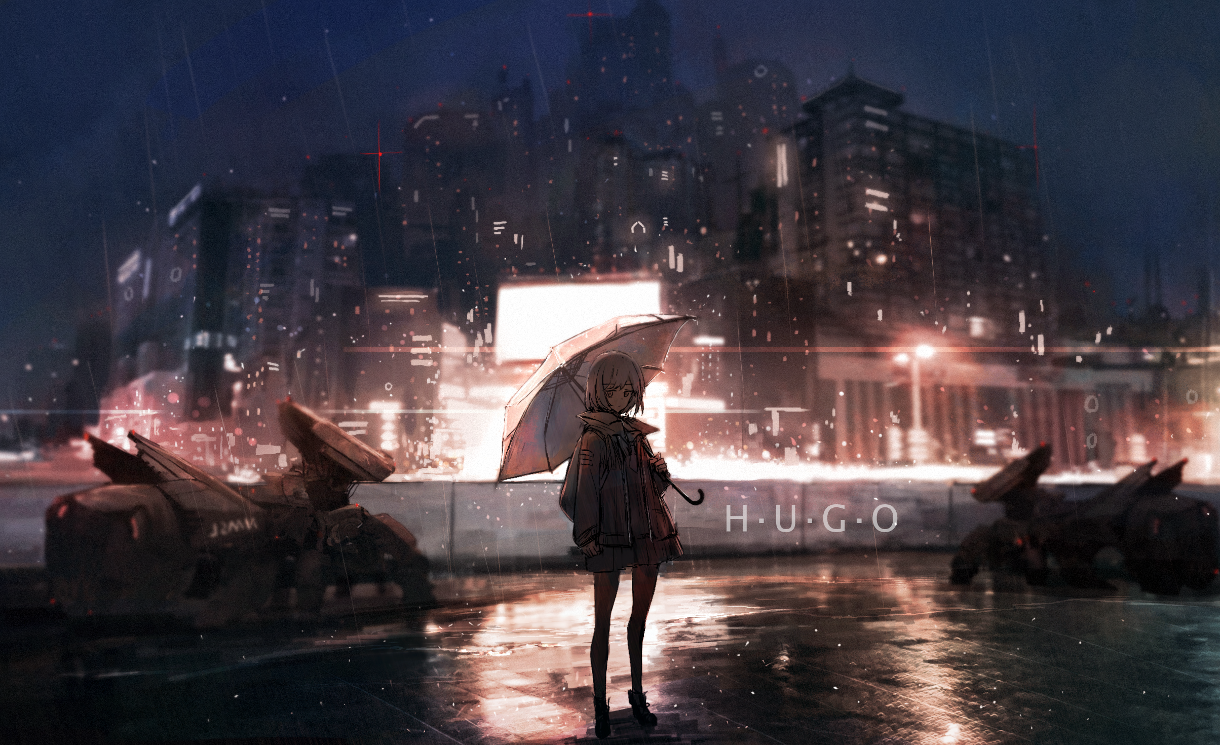 Rain Axle Anime Girls Umbrella Robots Robot Night 2408x1470