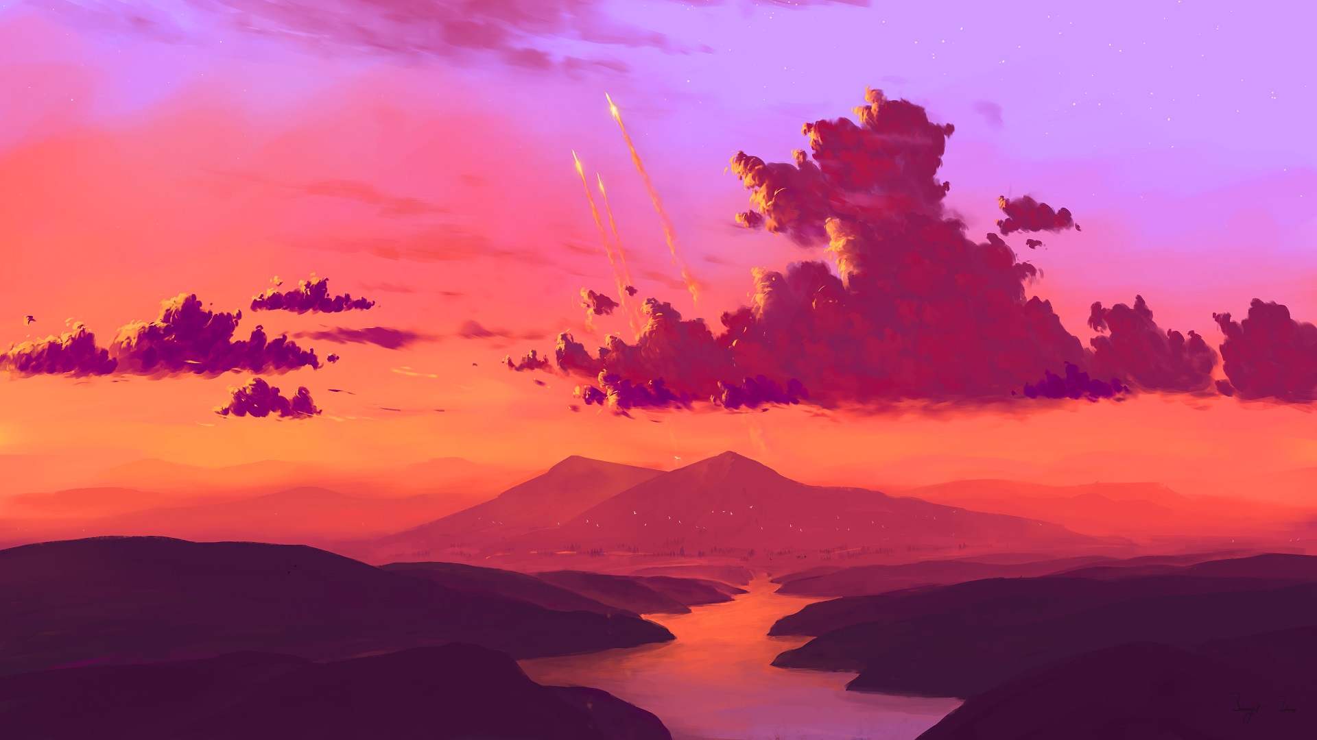 BisBiswas Landscape Digital Art Rocket Sky Clouds Science Fiction Colorful Artwork Nature River Sunl 1920x1080