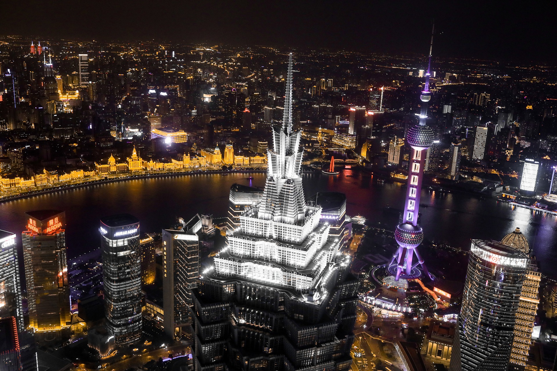 China City Jin Mao Tower Light Night River Shanghai Skyscraper 1920x1280