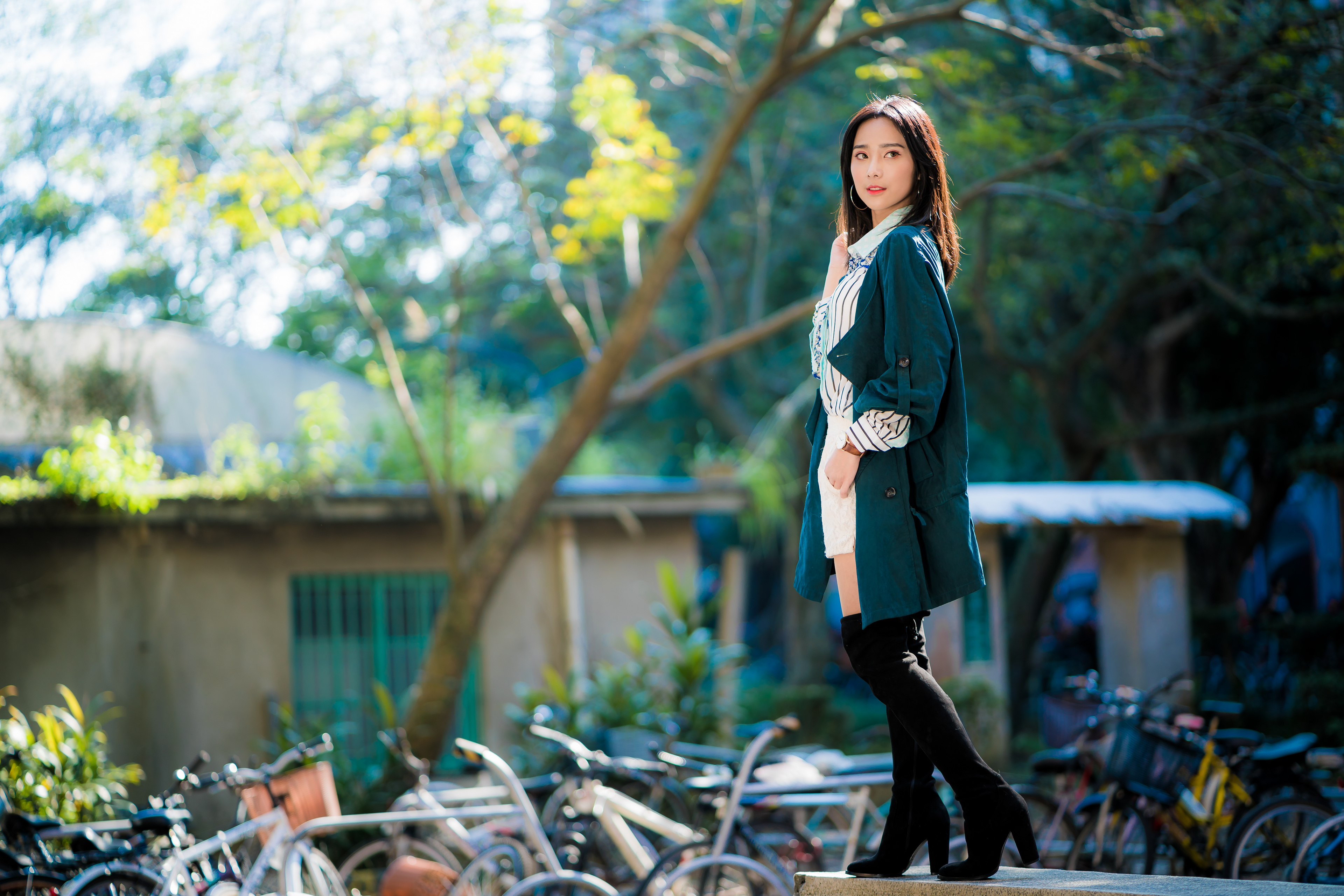 Asian Model Women Long Hair Brunette Knee High Boots Depth Of Field Bicycle Building Earring Blouse  3840x2561