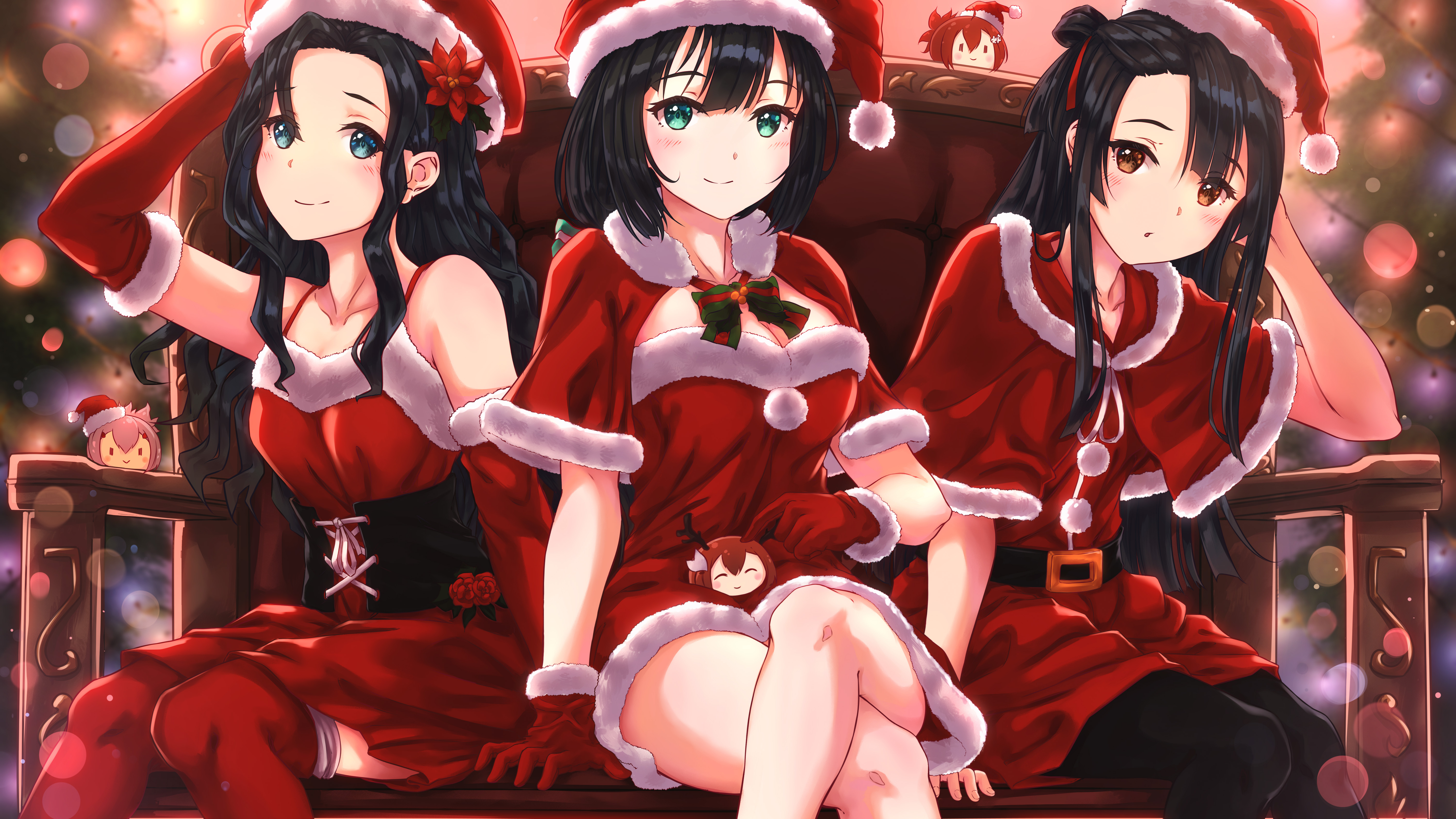 Anime Girls Santa Costume Christmas Yuuki Yuuna Wa Yuusha De Aru Koori Chikage Tougou Mimori Chibi S 6000x3375