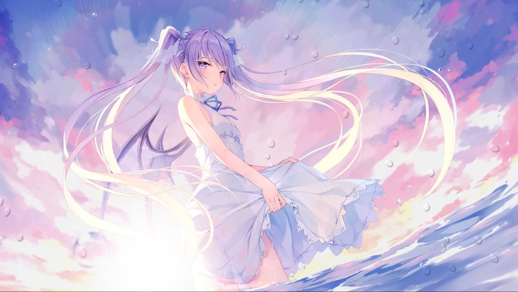 Anime Girls Artwork Rurudo Wings Long Hair Purple Hair Purple Eyes Twintails Dress Sun Dress Lifting 1807x1018
