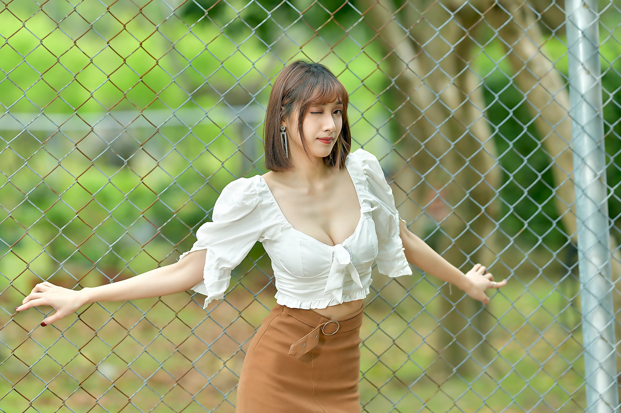 Asian Women Model Long Hair Brunette Depth Of Field Blouse Fence Trees Bushes Skirt 2048x1365