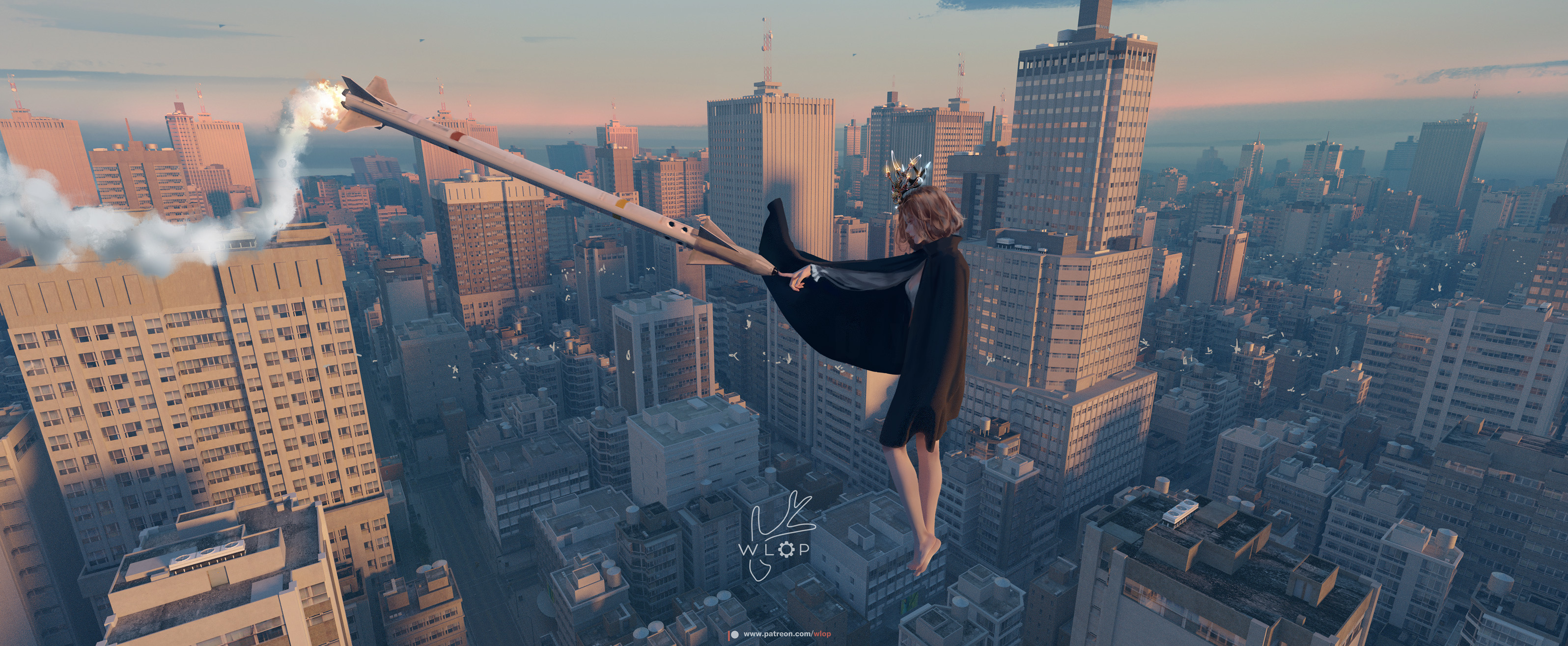 WLOP Anime Girls Rocket Supergirl Cityscape 3192x1316
