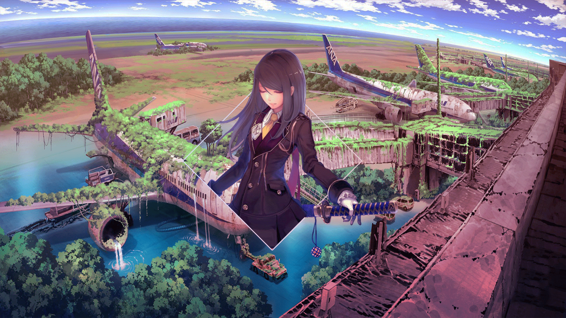 Anime Anime Girls Anime Landscape Katana Airplane Photoshop Digital Art Picture In Picture Piture In 1920x1080