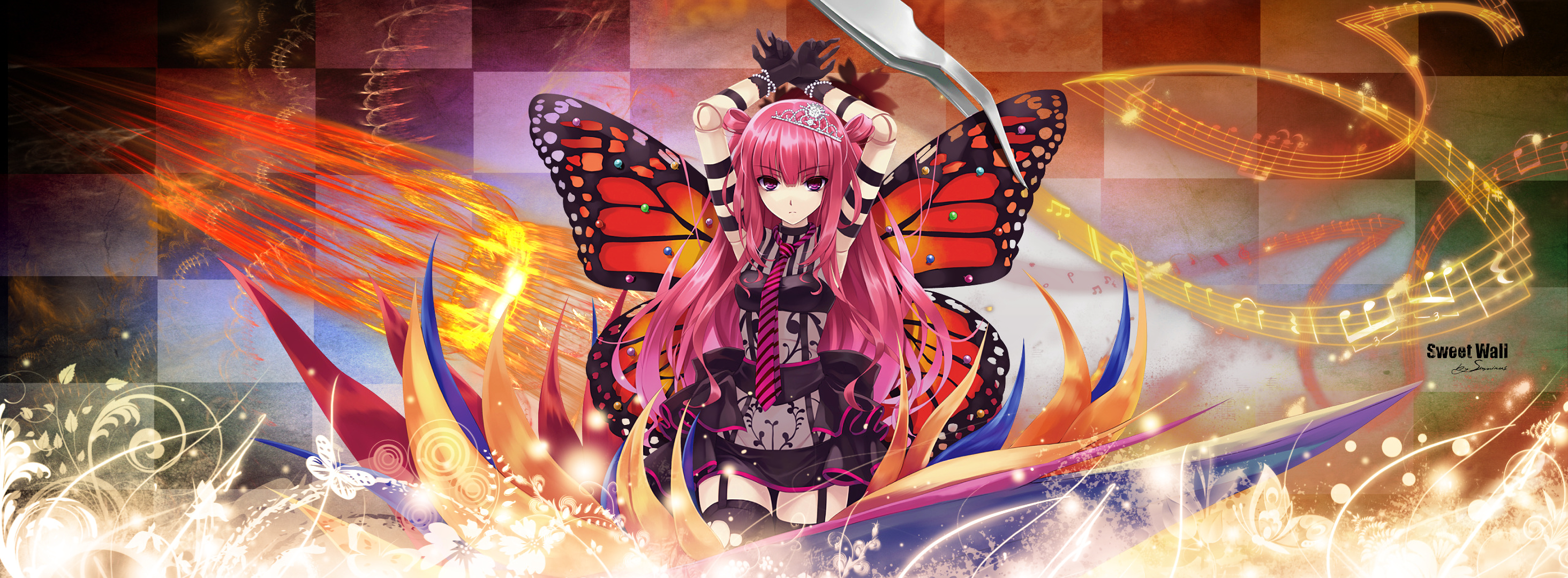 Angel Anime Butterfly Colorful Girl Long Hair Pink Hair Purple Eyes 2928x1080