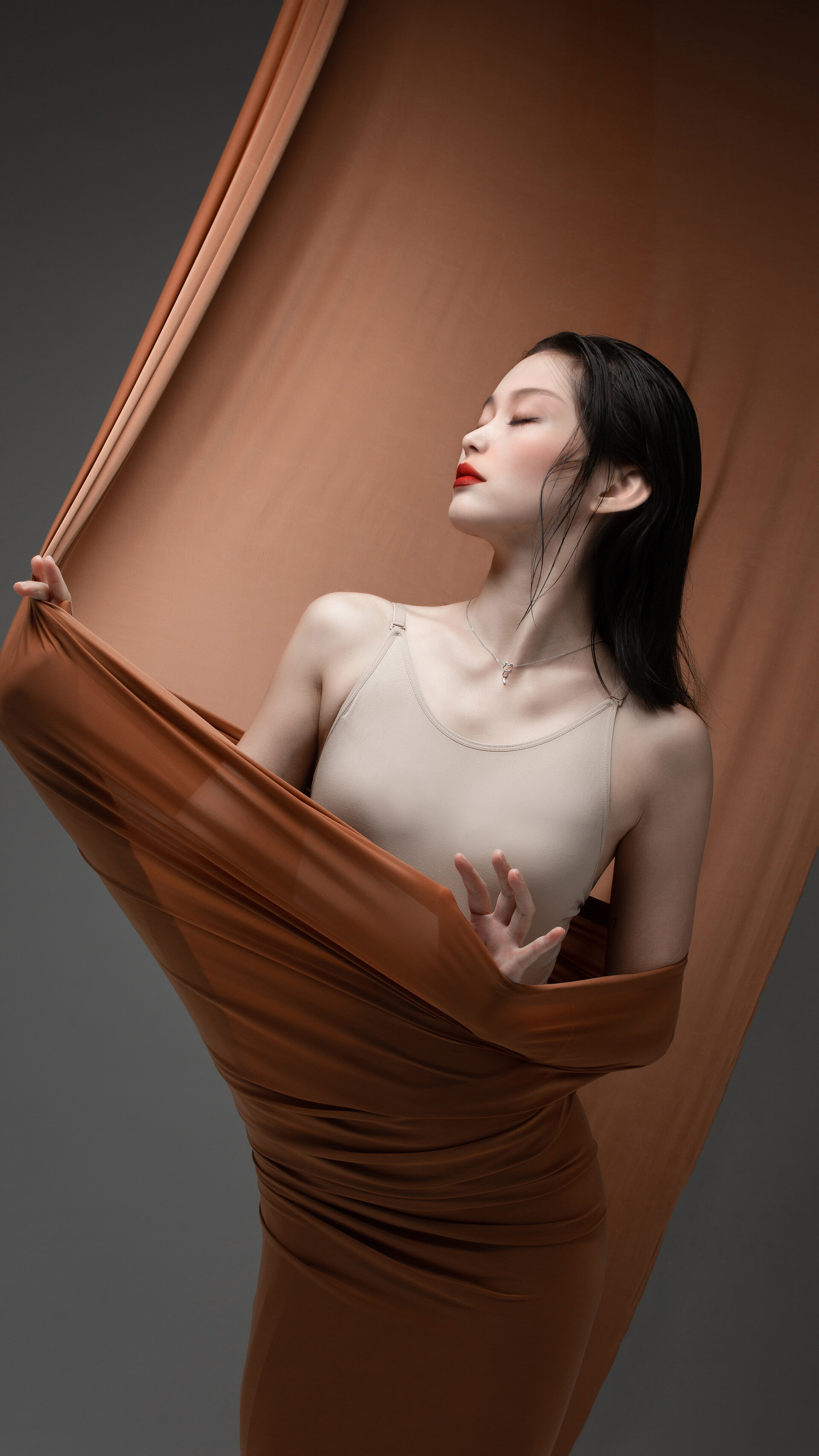 Asian Simple Background Dark Hair Portrait Display Women Digital Art Artwork CGi 3D Closed Eyes Vert 1920x3413